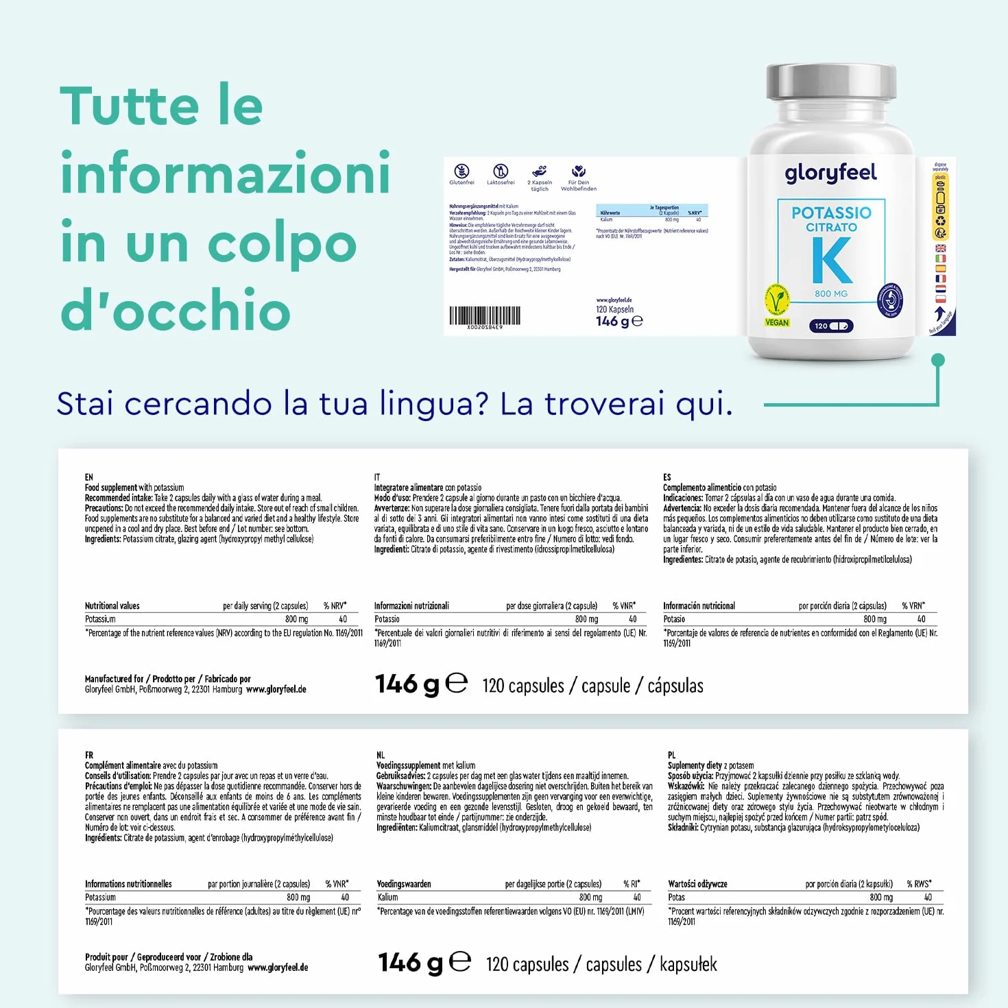 Potassio 120 Capsule (2 Mesi) - 800mg Potassio Elementare (Citrato) alto Dosaggio - Per Pressione Sanguigna, Funzione Muscolare e Sistema Nervoso* - Vegano, Testato in Laboratorio e senza Additivi