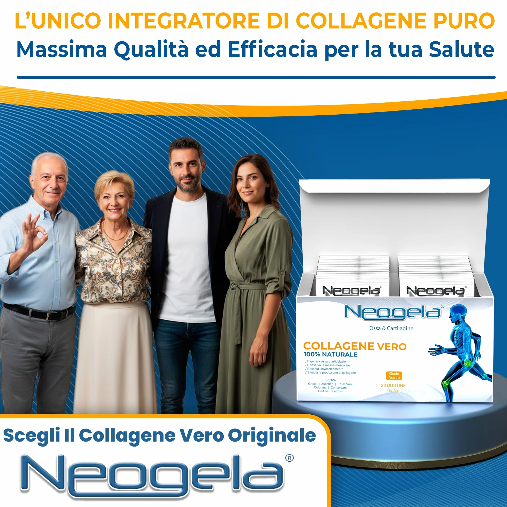Neogela 98% Collagene Purissimo 140gr 28 Buste 5gr Benessere Osseo e Articolare