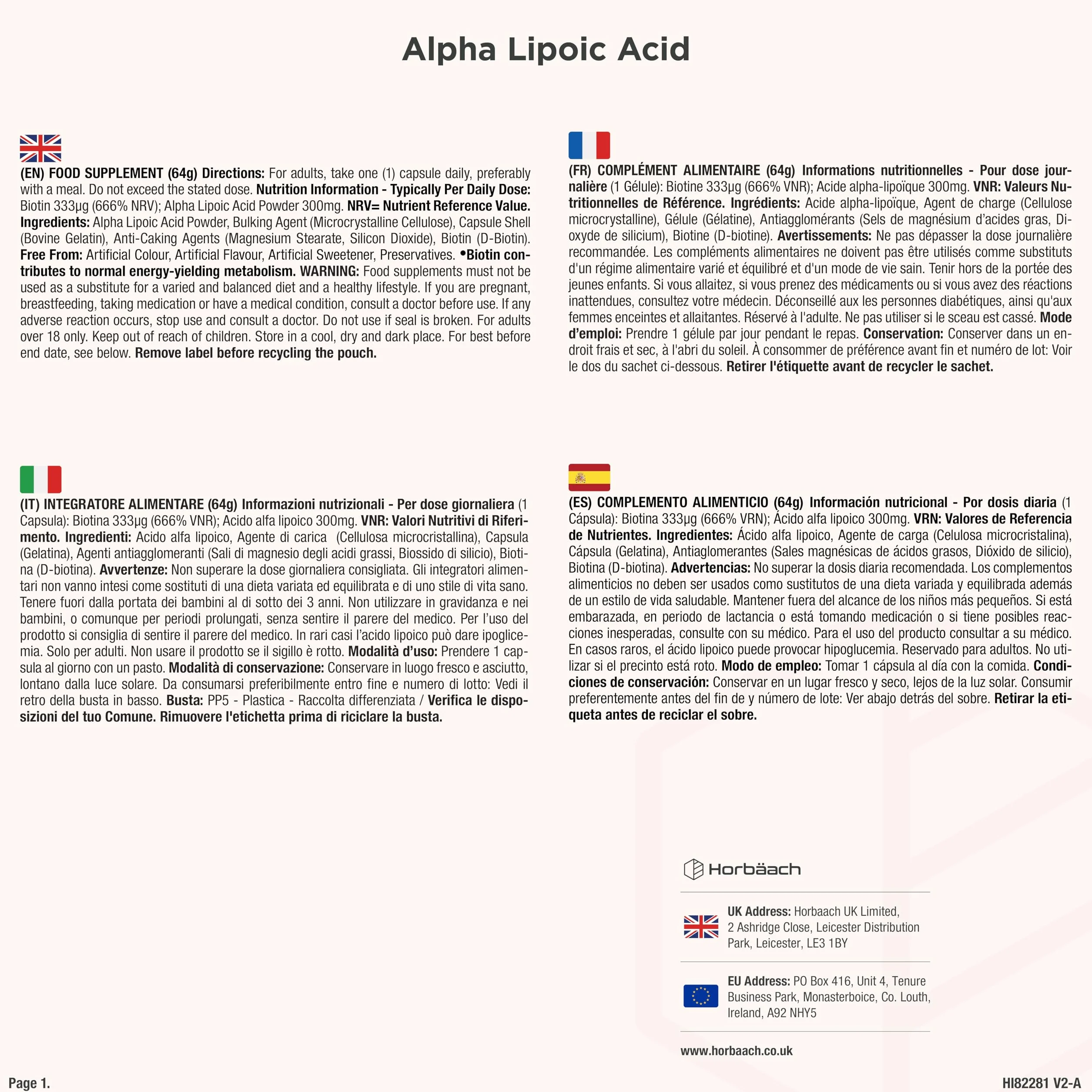 Horbaach Acido Alfa Lipoico 300ug Biotina 120 Capsule Alto Dosaggio Integratore Alimentare
