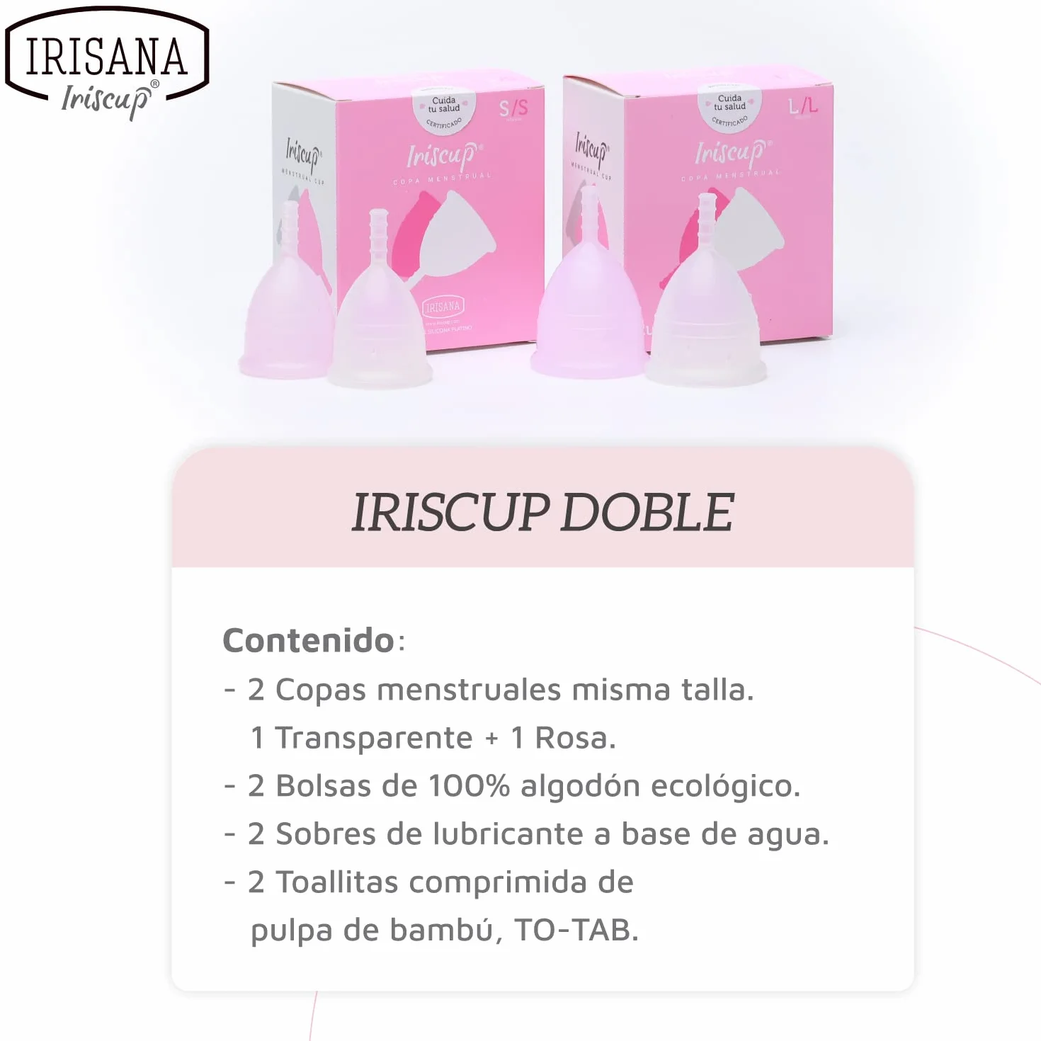 Irisana - Coppetta Mestruale - Confezione da 2 Unità - Taglia L - Rosa e Trasparente - 9 x 6 x 10 cm - Silicone Chirurgico - Compatibile con IUD - Modello Iriscup