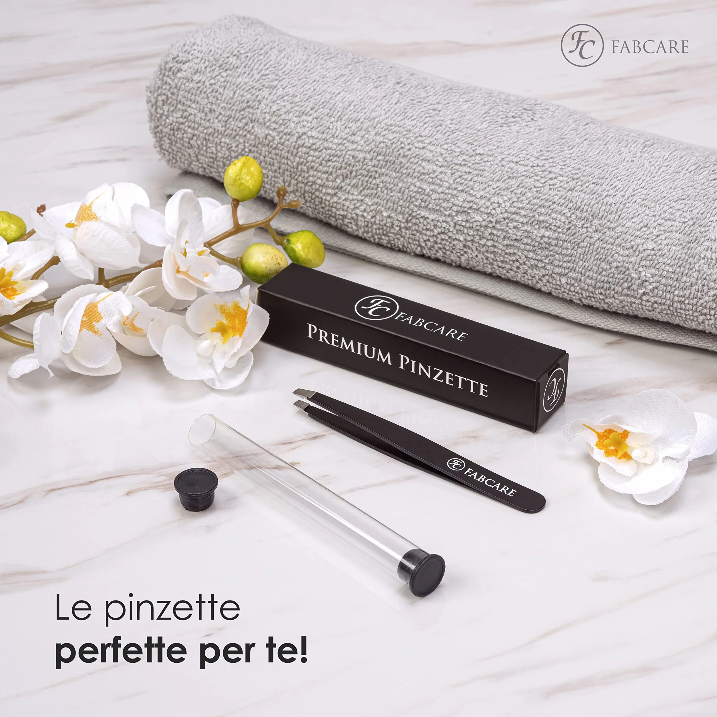 FABCARE Pinzetta per tirare le sopracciglia (obliqua) incl. custodia - punta migliorata - pinzette per sopracciglia professionali con rivestimento antiscivolo - pinzette per depilazione