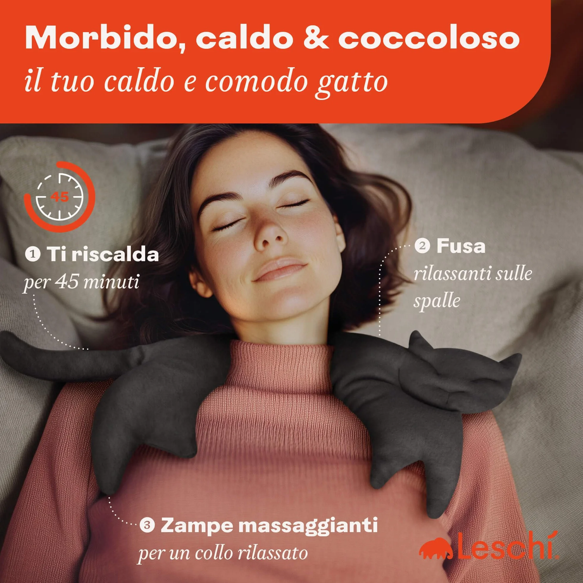 LESCHI Cuscino cervicale termico per microonde, 100% cotone e grano biologico, gatto nero, cuscino riscaldante ideale come fonte di calore in inverno e per alleviare tensioni a spalla schiena collo