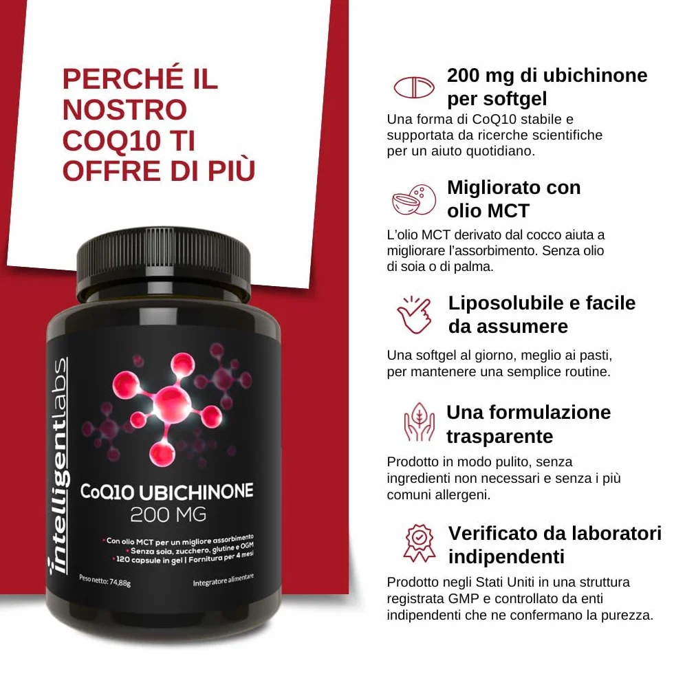 Coq10 Ubichinone in Softgel Da 200 Mg Di Intelligent Labs | 120 Porzioni | Softgel Facili Da Ingerire E Ad Elevata Potenza