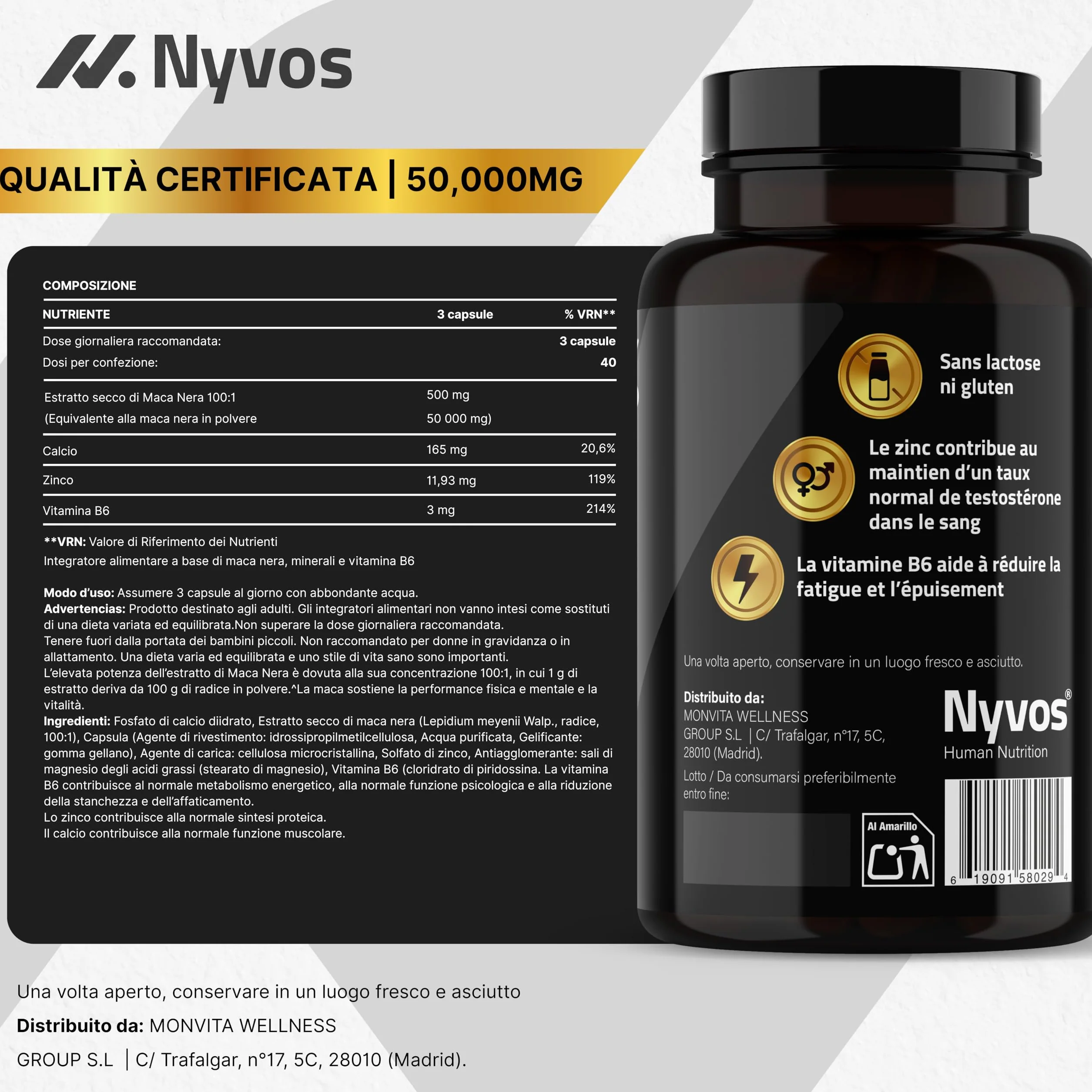 Maca Nera Extra Forte 50.000 mg 100:1 – Integratore per Uomo con Maca Peruviana, Zinco e Vitamina B6 – Energia e Vitalità – Testosterone Support – 120 Capsule – Nyvos