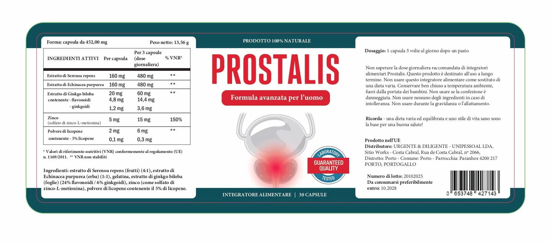 Prostalis Integratore Alimentare Vegetale per Uomo 30 Capsule