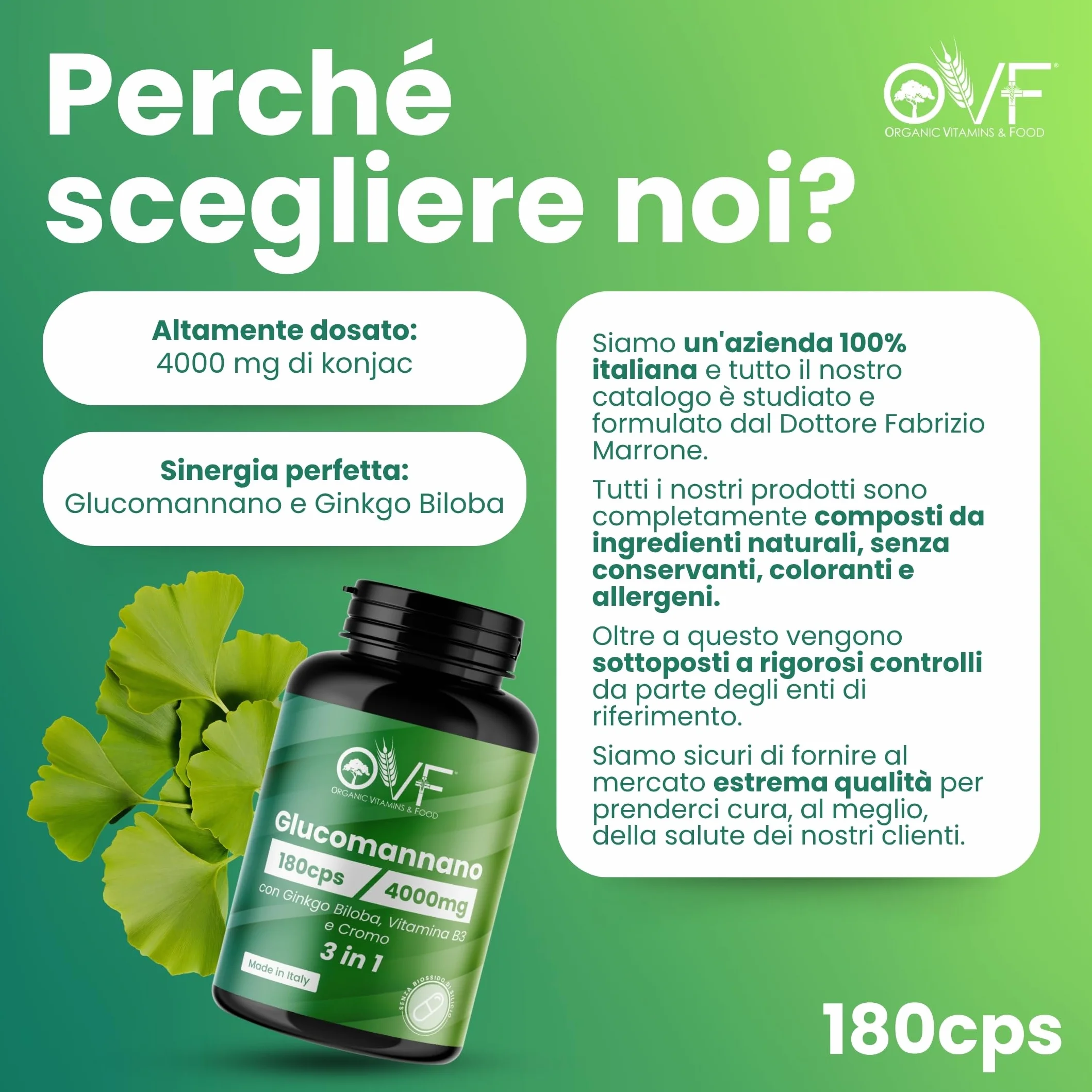 OVF Glucomannano Forte 4000 mg 180 Capsule Integratore Alimentare con Ginkgo Biloba, Vitamina B3 e Cromo, Made in Italy