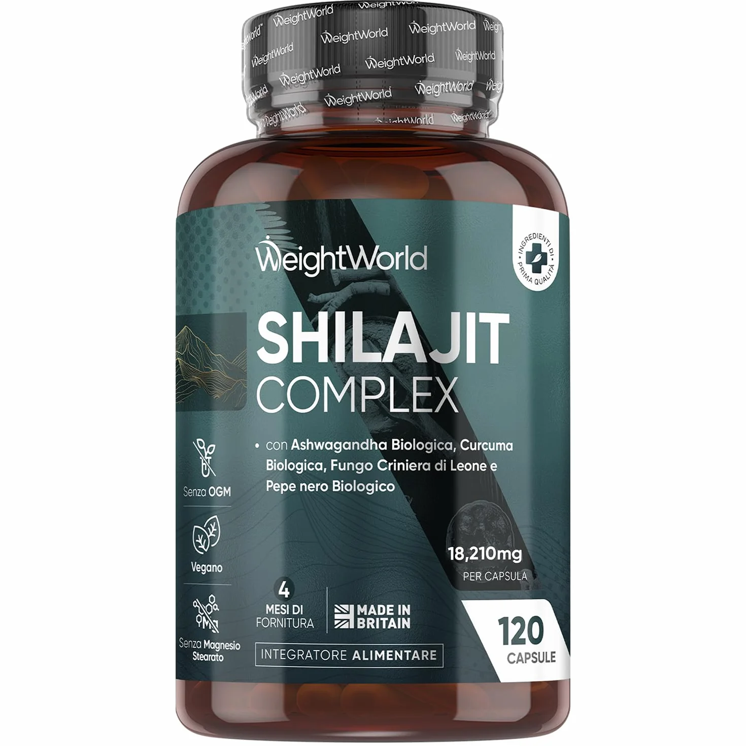 Shilajit Complex 18210mg, 120 Capsule Vegane, 1 al Giorno (per 4 Mesi), con Ashwagandha Bio, Curcuma Bio, Lions Mane Mushroom, Pepe Nero, Shilajit Integratore, Estratto 40:1, Senza Magnesio Stearato