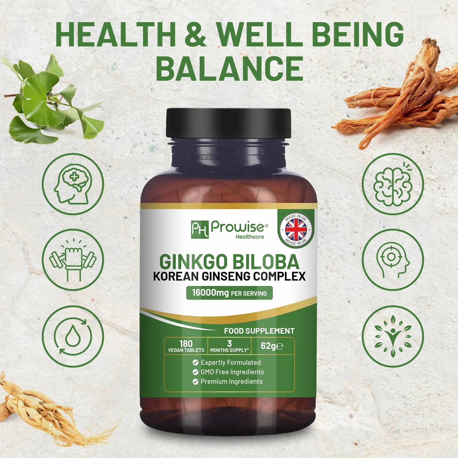 Ginkgo Biloba e Ginseng Coreano 16000mg 180 compresse vegane Prowise Healthcare
