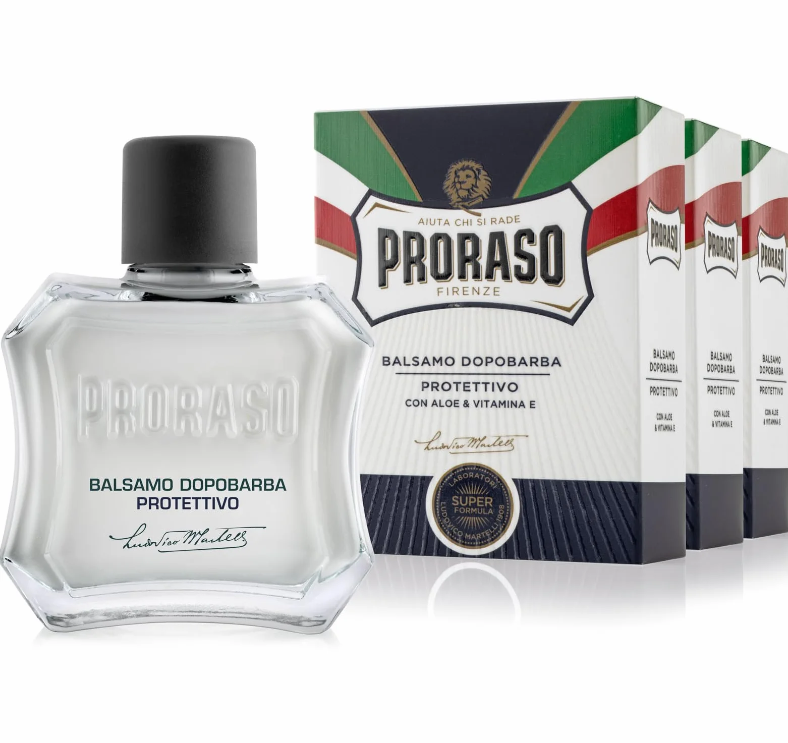 Proraso Balsamo Dopobarba Uomo Protettivo, 3 x 100ml, Dopobarba uomo con estratti di Aloe e Vitamina E, Effetto rivitalizzante, Senza alcol, Made in Italy