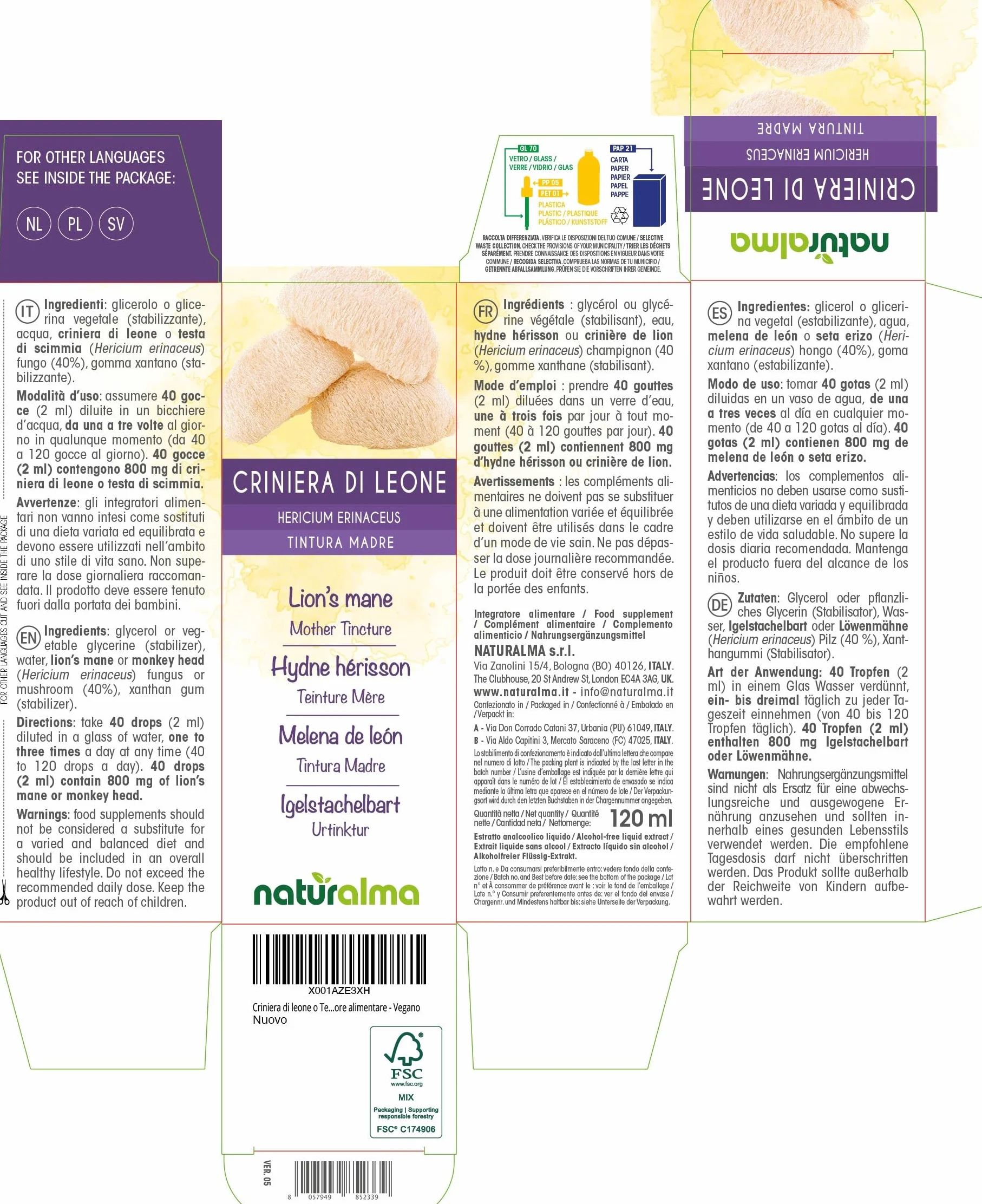 Criniera di leone o Testa di scimmia (Hericium erinaceus) fungo Tintura Madre analcoolica Naturalma - Estratto liquido gocce 120 ml - Integratore alimentare - Vegano