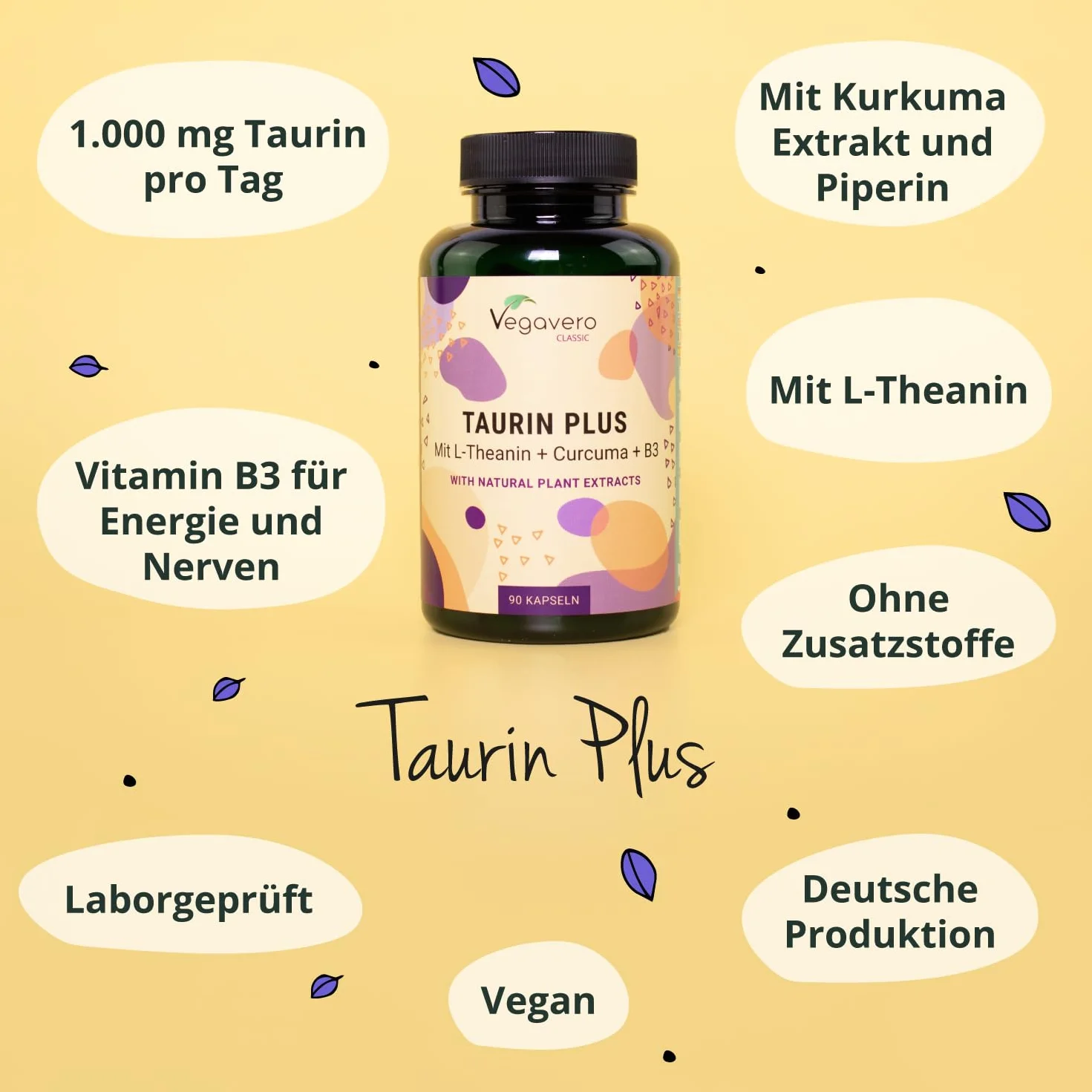 Vegavero® Taurina 1000 mg Integratori Sport Pre e Post Workout Capsule Alto Dosaggio con L-Teanina Curcuma Vitamina B3 No OGM Vegan