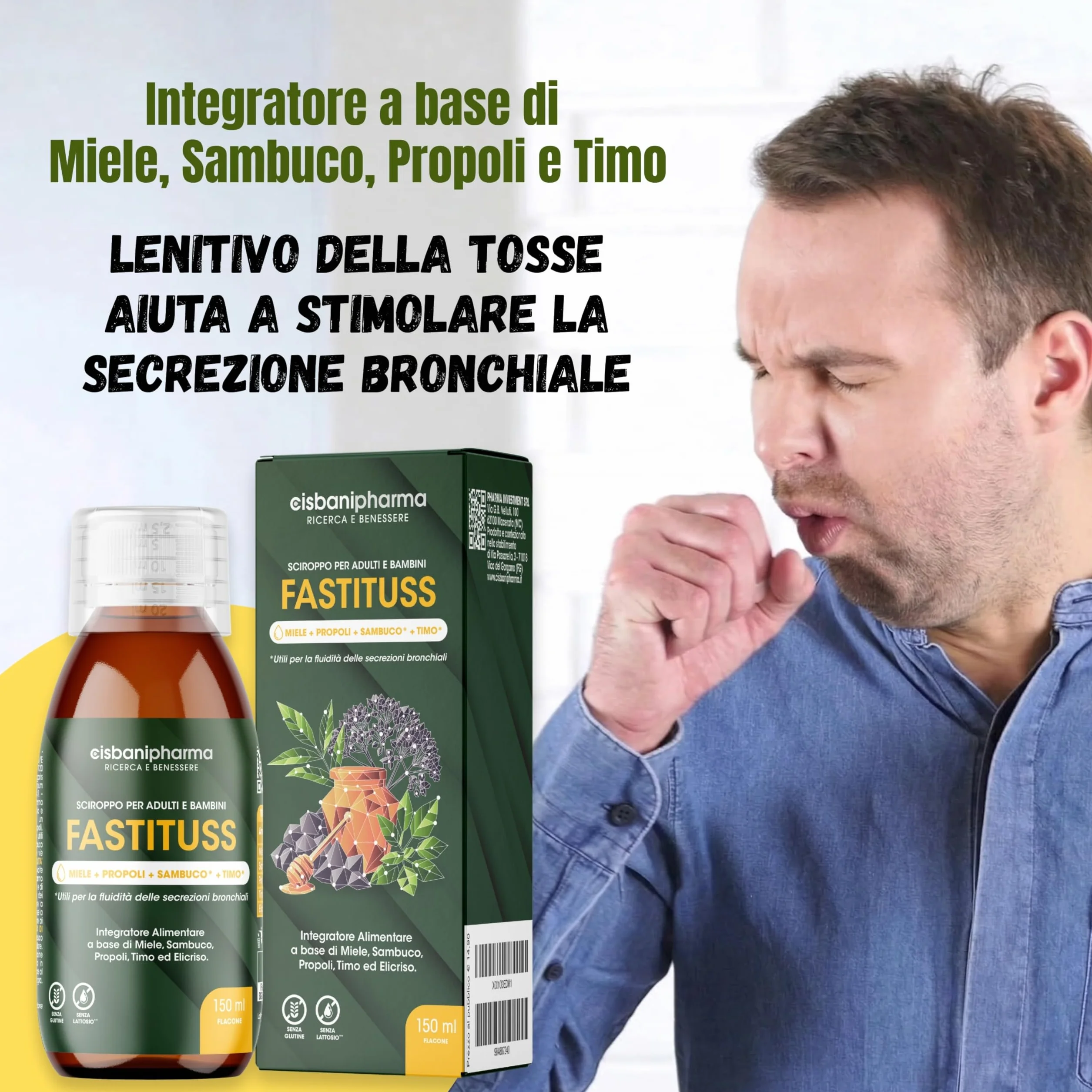 CISBANI PHARMA Sciroppo tosse secca e grassa e mal di gola a base di Sambuco, Miele, Propoli, Timo ed Elicrisio - Emolliente e lenitivo - Flacone 150 ml, per Adulti e Bambini