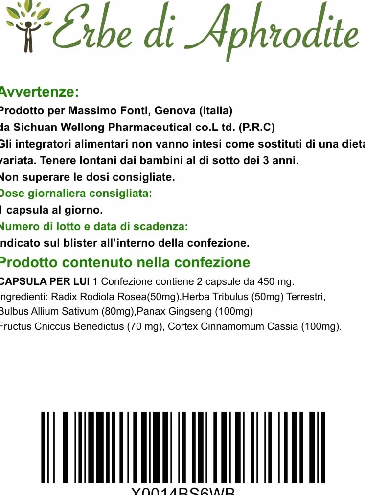 Erbe Di Aphrodite Integratore Uomo Ginseng Tribulus Terrestris Rodiola Rosea Aglio Cannella Formula Erboristica per Energia Vitalità