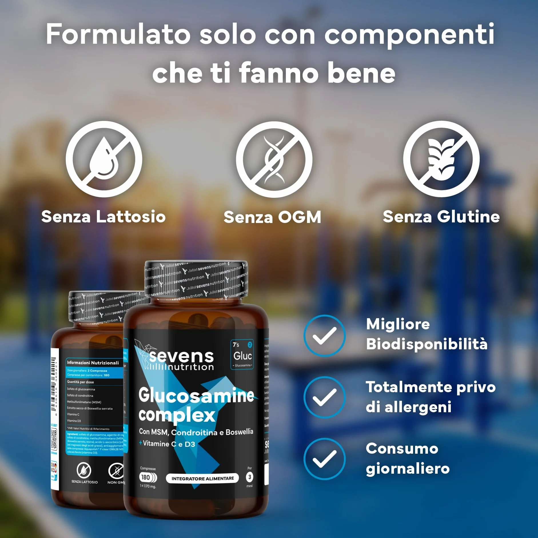 Glucosamina, Condroitina e MSM – Integratore per Articolazioni, Cartilagine e Ossa – Formula con Boswellia, Vitamine C e D3 – 180 Capsule ad Alta Densità – Sevens Nutrition