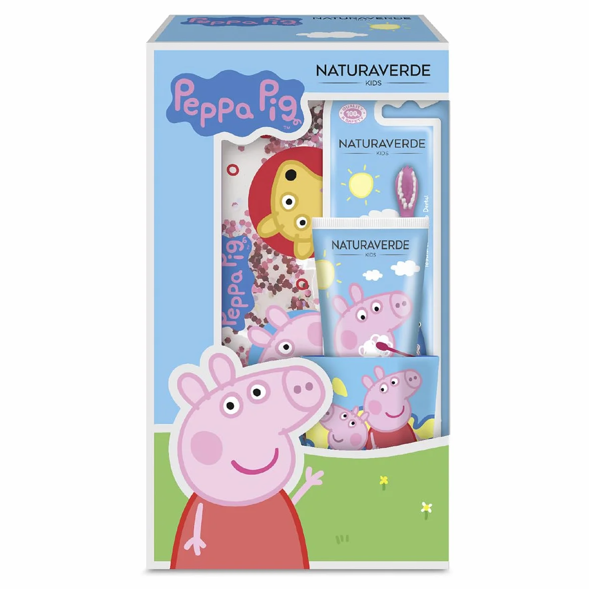 Naturaverde | Peppa Pig Gift Set Oral Care, Spazzolino da Denti Manuale, Dentifricio Bambini Gusto Fragola 75ml, Bicchierino e Pochette Glitter
