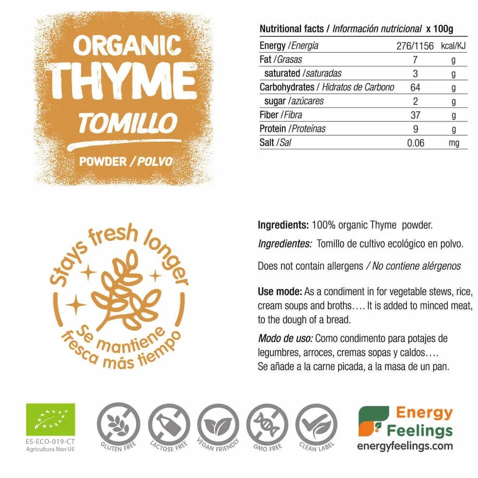 Timo Bio Disidratato in Polvere 200g | Timo Naturale Senza Additivi | Vegan Senza Glutine Senza Lattosio