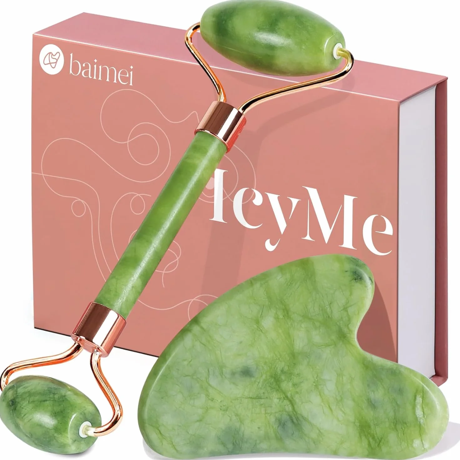 BAIMEI Gua Sha e Rullo di Giada per il Viso, Massaggiatore Lifting Viso e Guasha per il Corpo