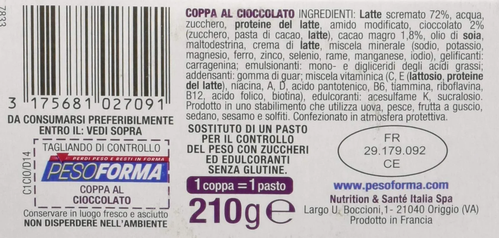 PESOFORMA - EXTRA PROTEIN - Coppa gusto cioccolato - Pasto sotitutivo proteico per il controllo del peso - 13g di proteine per pasto - Con vitamina D, vitamina C, vitamina E, magnesio - 210g