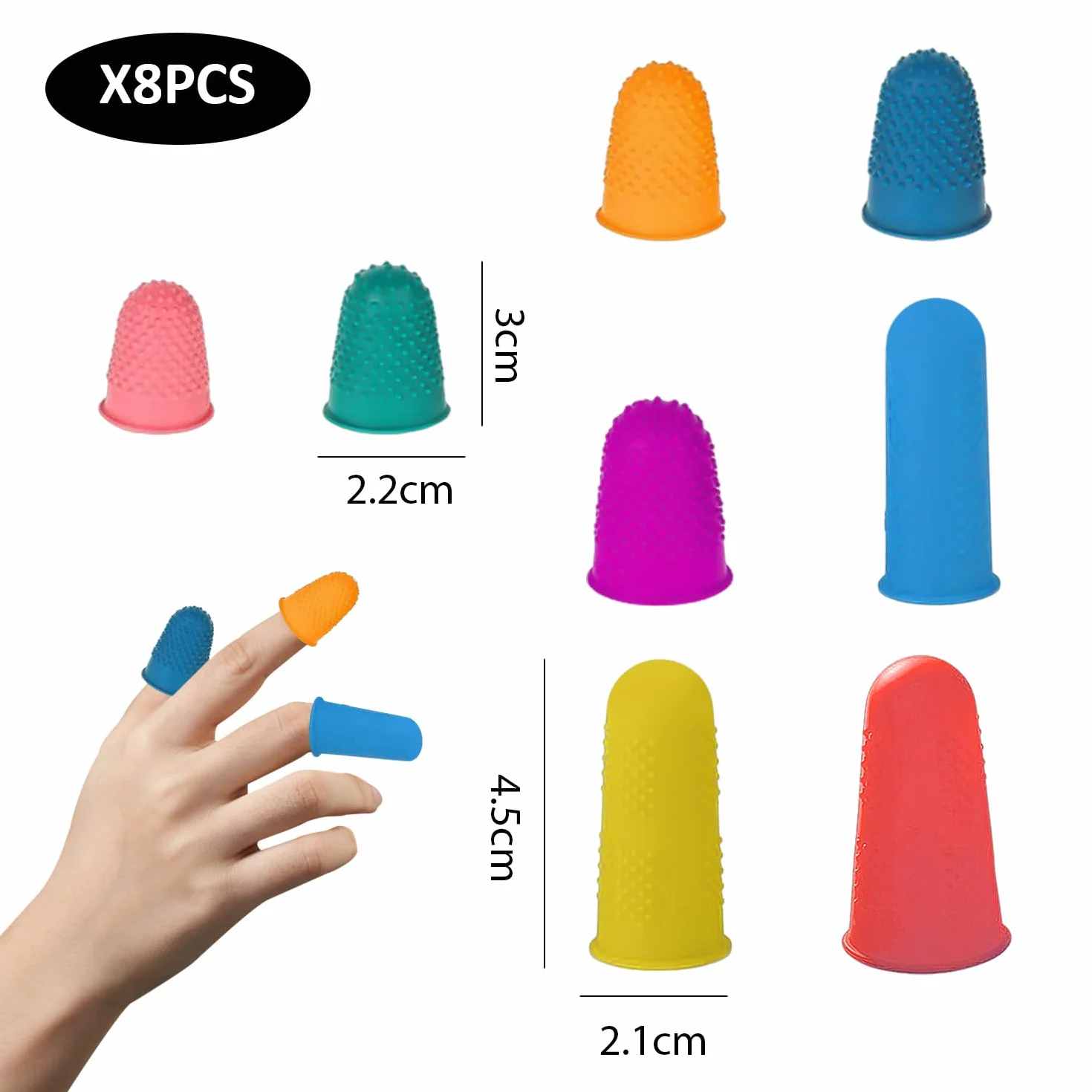 8 protezioni per le dita, protezione per le dita in silicone, dita in silicone, dita lunghe e corte in silicone, dita antiscivolo (rosa, verde, arancione, blu, viola, rosso)