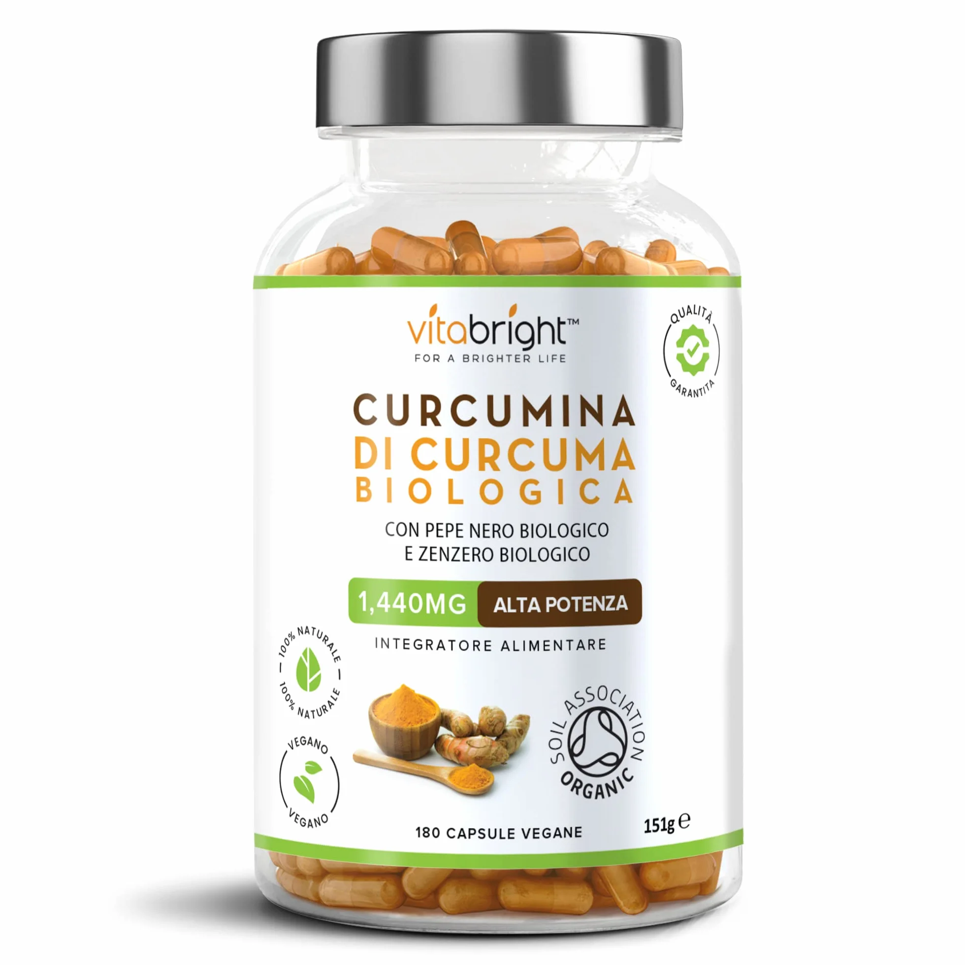 Bio Curcuma Capsule 1440 mg 180 Capsule Integratore Alimentare Biologico VitaBright Curcuma Longa Complex