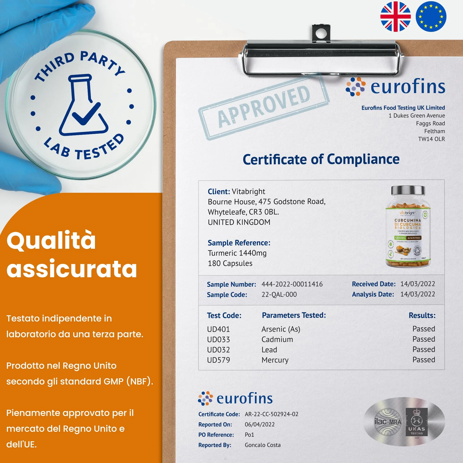 Bio Curcuma Capsule 1440 mg 180 Capsule Integratore Alimentare Biologico VitaBright Curcuma Longa Complex