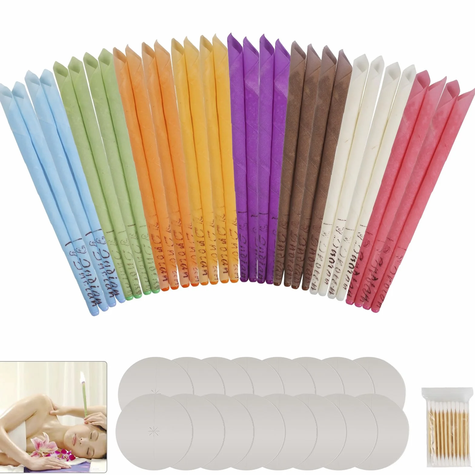 32 Pezzi 8 Diverse Fragranze Coni per Orecchie,25cm Cono Orecchie Cerume con 8 Dischi Protettivi e Tampone di Cotone,per Rimuovere la Cera Dell'orecchio,Relax e Pulizia