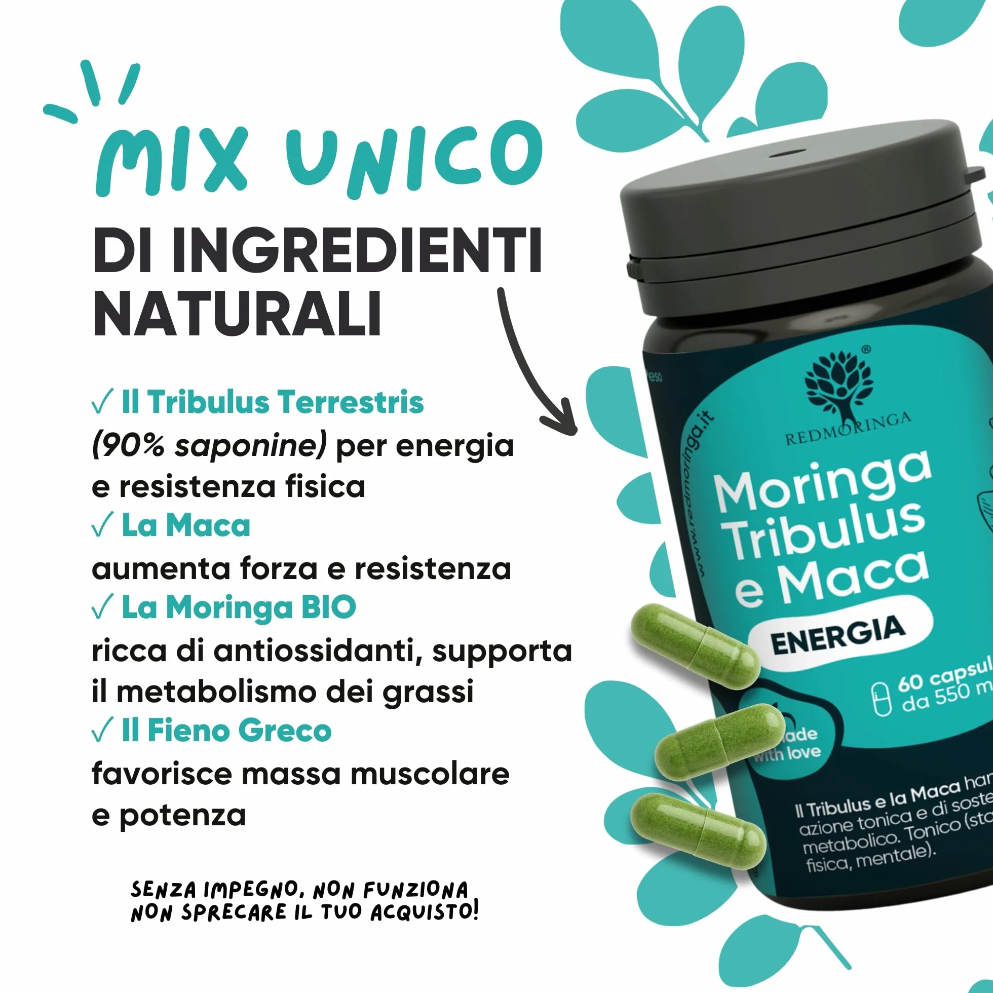 Tribulus Terrestris 90% Saponine Maca Fieno Greco Integratore Energia Booster Moringa BIO Massa Muscolare 60 Capsule RedMoringa®