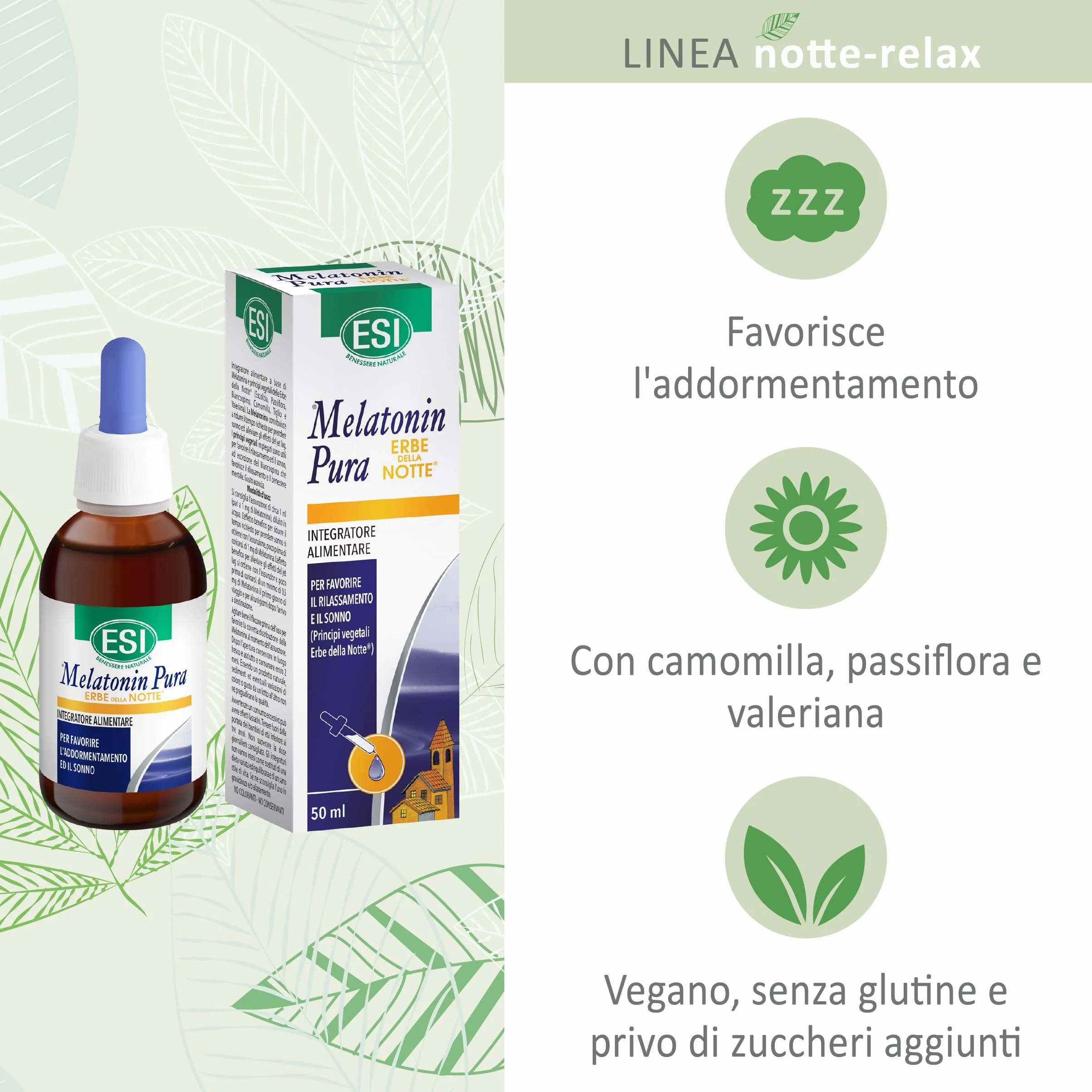 ESI Melatonina Gocce Integratore Alimentare Sonno Passiflora Biancospino Camomilla Senza Glutine Vegan 50 ml