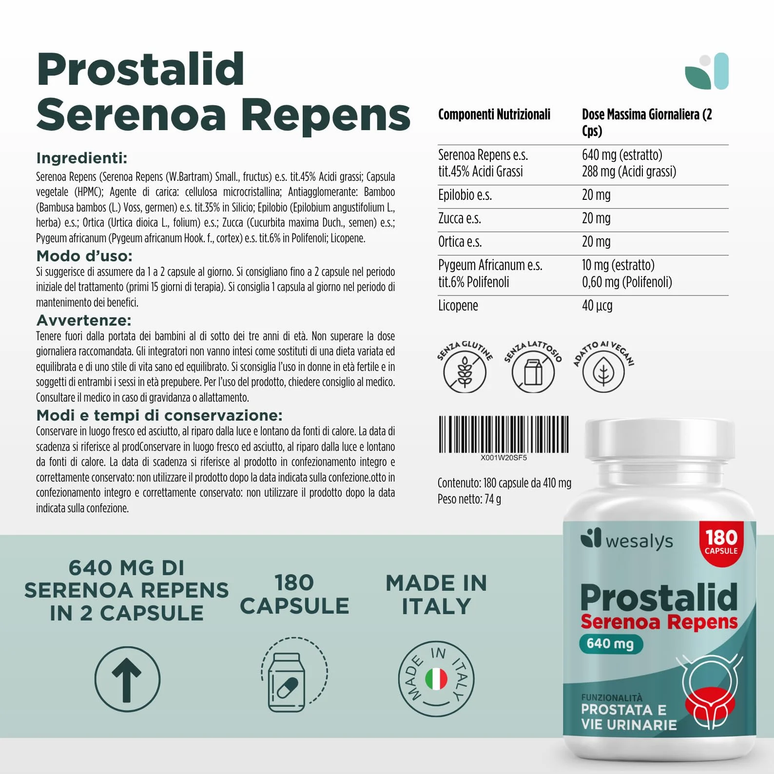 SERENOA REPENS 640MG 180 CAPSULE Saw Palmetto Integratore Prostata con Licopene Pygeum Africanum Zucca Ortica