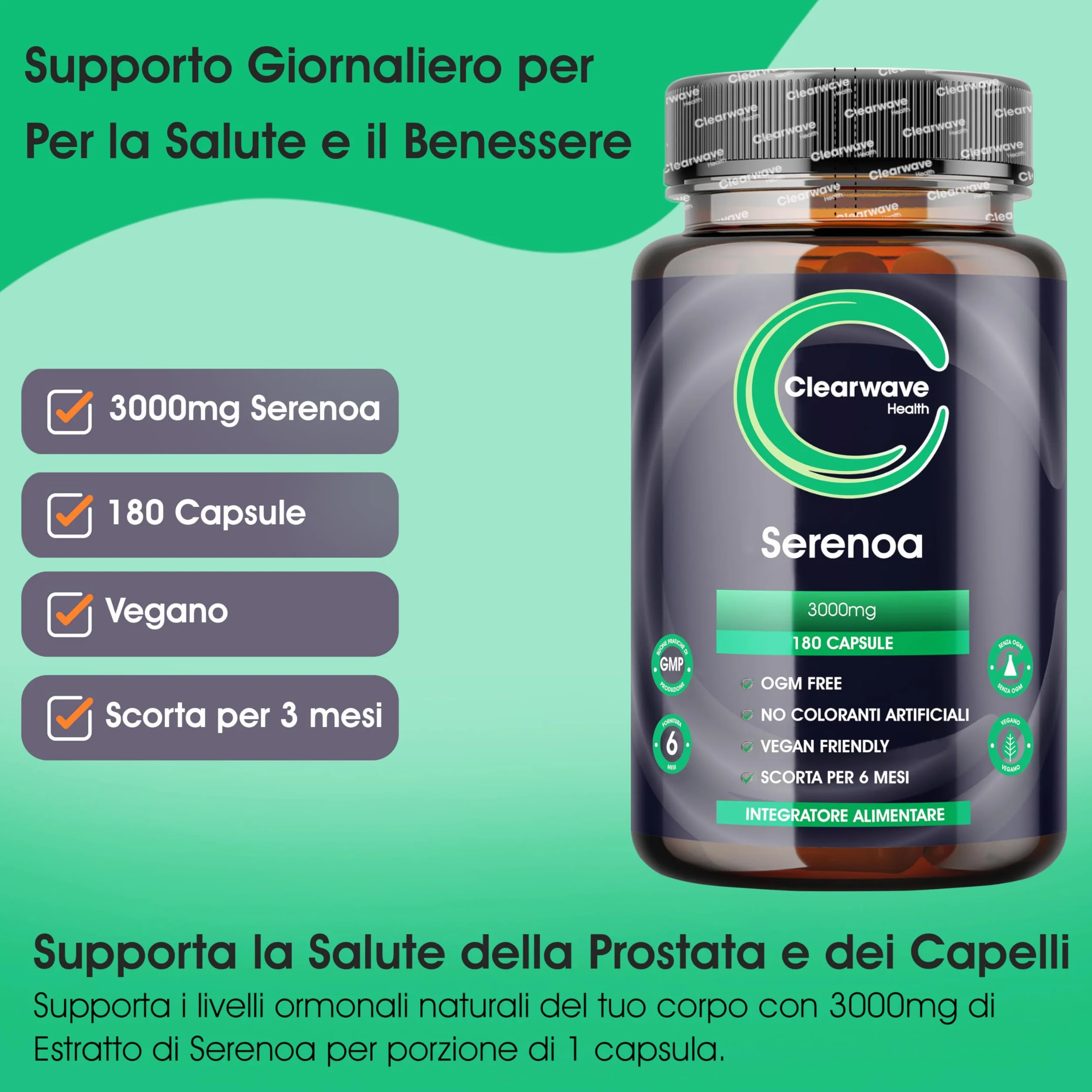 Serenoa Repens 3000 mg Integratore Prostata 180 Capsule 6 Mesi Estratto Vegano Saw Palmetto