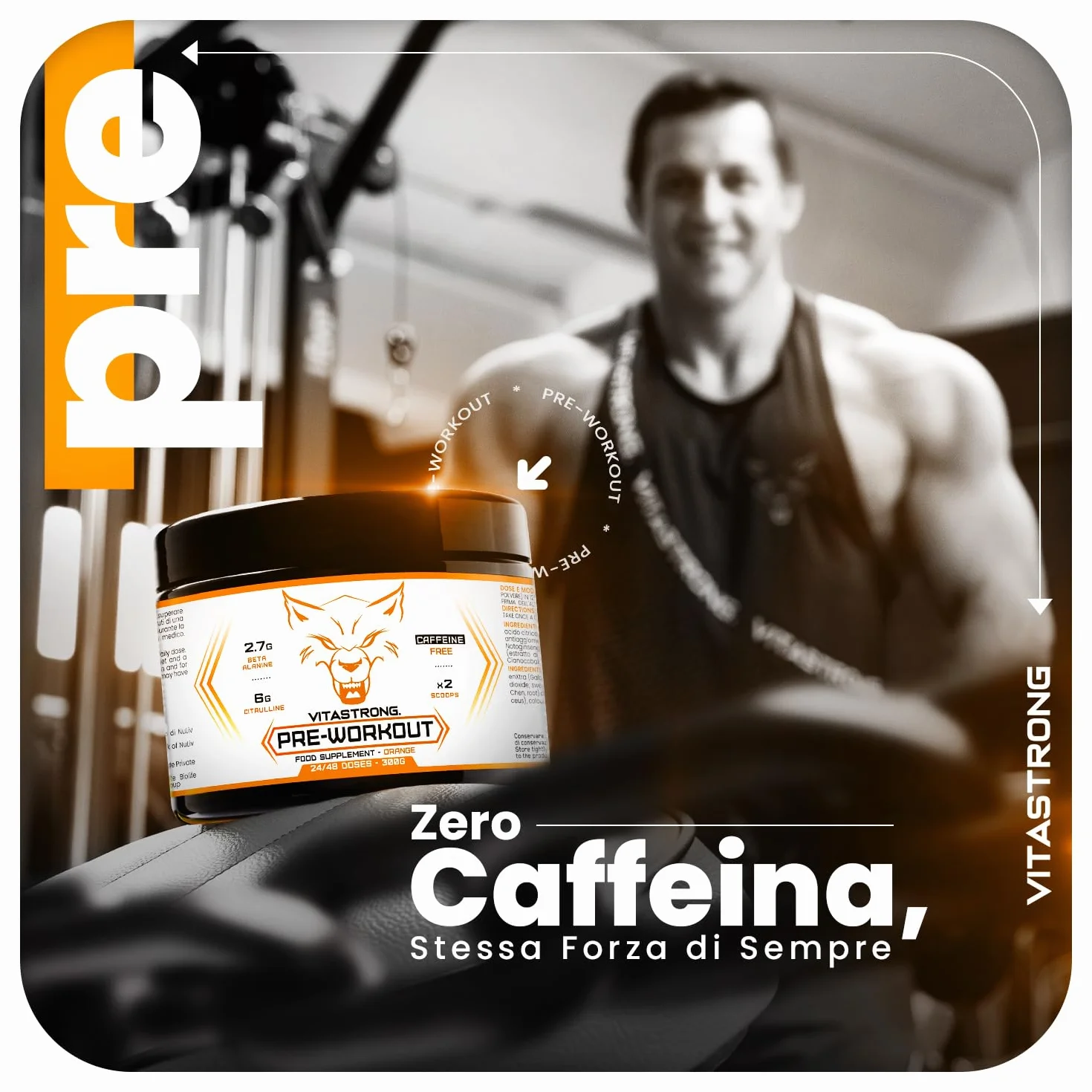 Pre Workout Potente 300g, con Vitamina B12, L Citrullina, Beta Alanina,Taurina, AstraGin, Vitastrong Pre Workout Made in Italy (24 Porzioni (Confezione da 1),Orange - No Caffeine)