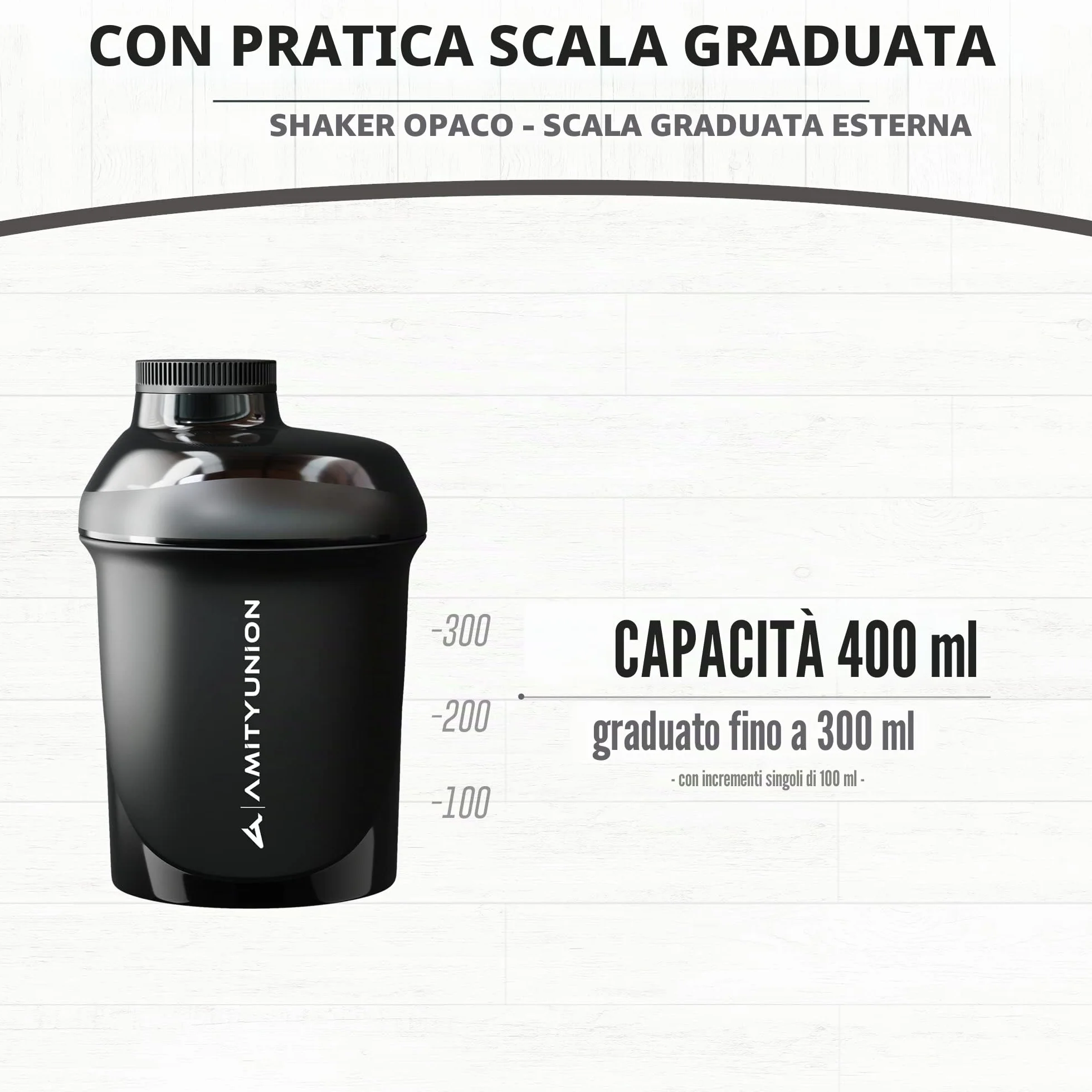 AMITYUNION Shaker proteico da 400 ml con colino per proteine – Piccolo shaker per proteine a prova di perdite, senza BPA, con scala per frullati di proteine del siero cremoso, concentrati di proteine