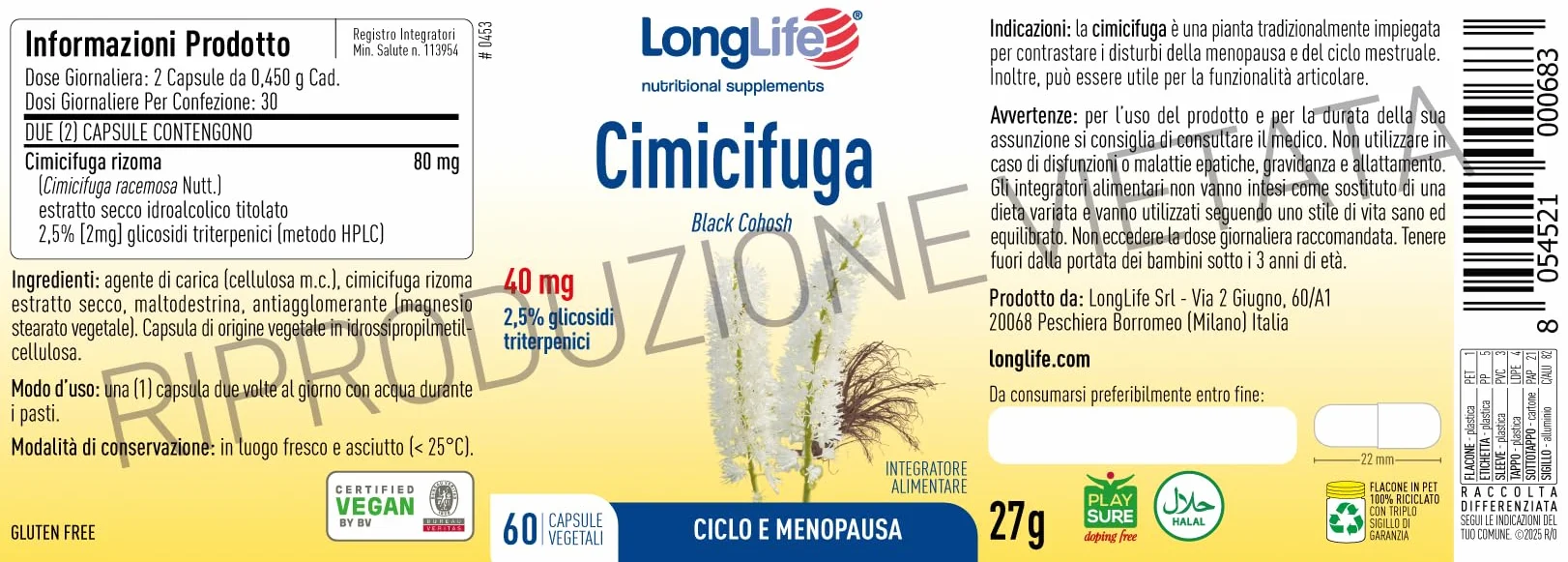 LongLife Cimicifuga Integratore titolata 2,5% glicosidi triterpenici Benessere menopausa Funzione articolare Vegano senza glutine