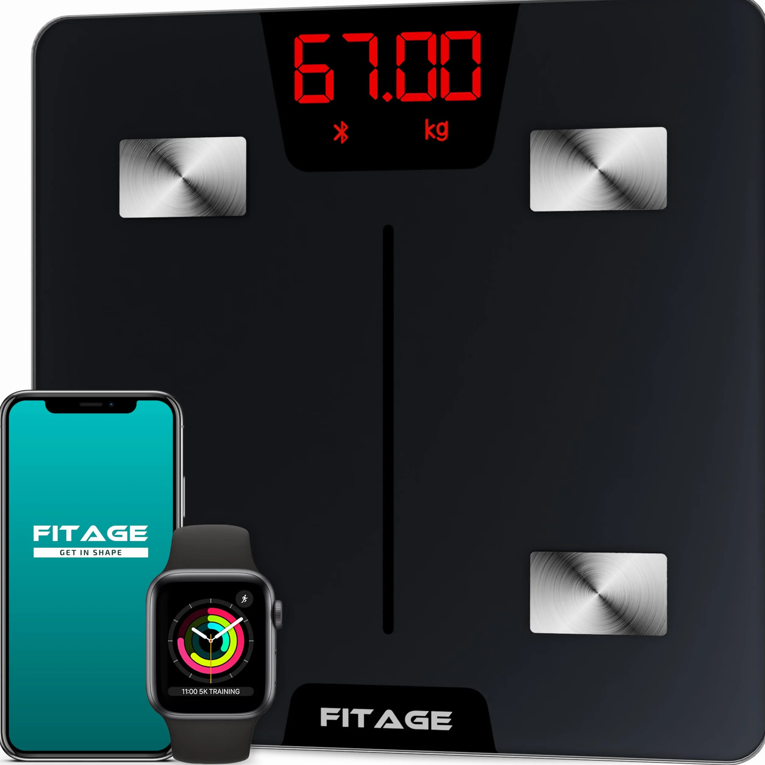 FITAGE Bilancia Pesapersone Digitale, Bilancia Pesa Persona con App, Pesa Persone Digitale di Precisione con 17 Misurazioni Corporee, Bilancia Professionale Fino a 180kg 28 x 28 cm - Nero