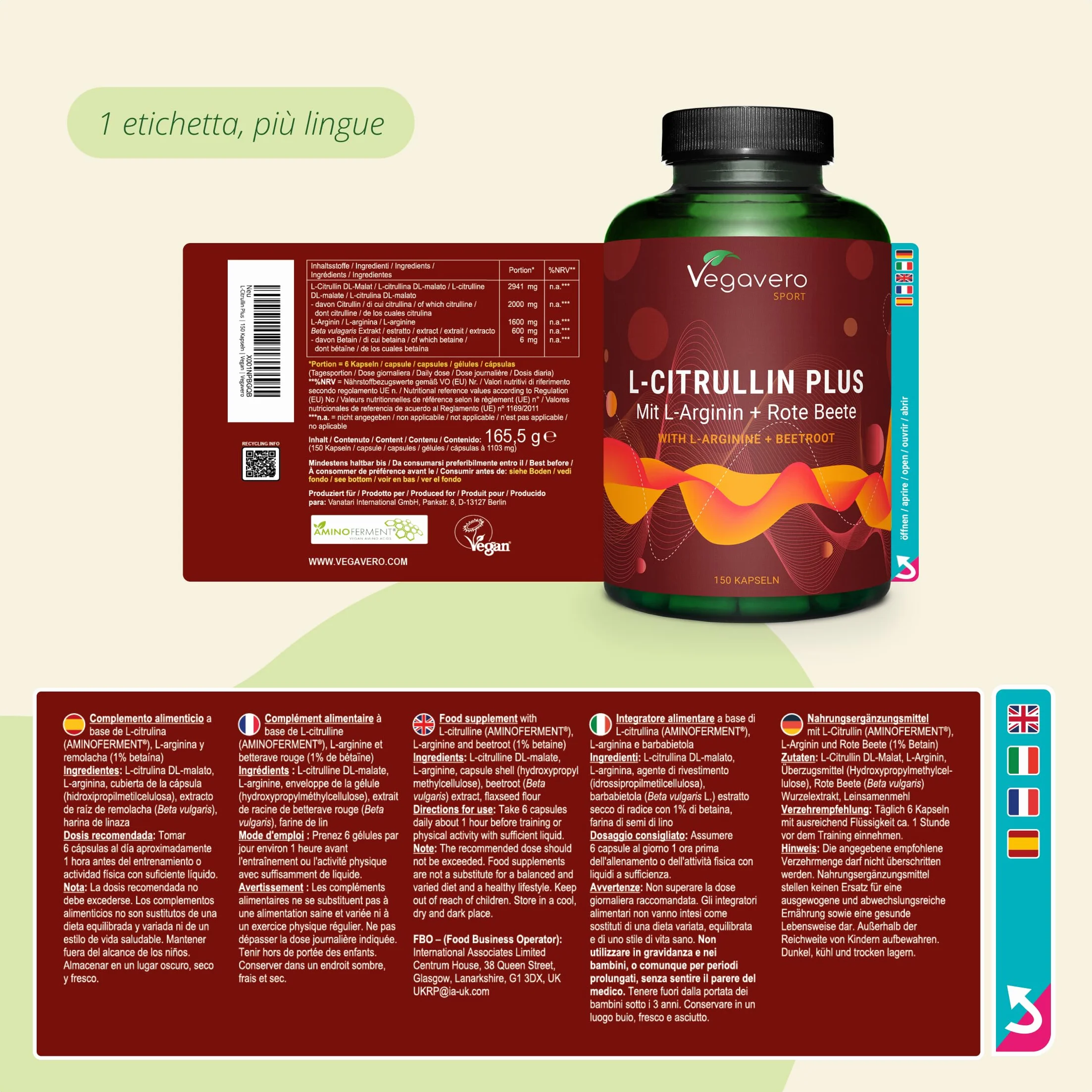 Vegavero L-Citrullina + L-Arginina | 2946 mg di Citrullina Malato (AMINOFERMENT) | con Barbabietola (Betaina) | Senza Additivi | Performance Sportiva e Massa Muscolare | 150 capsule | Vegan
