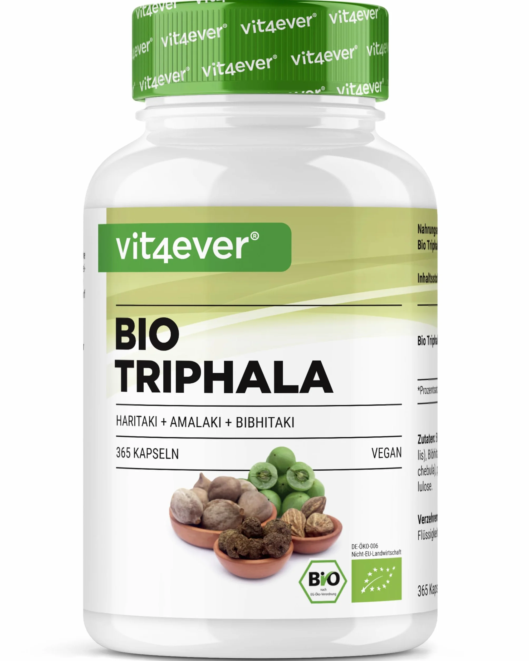 Triphala biologica - Alto dosaggio di 2000 mg (500 mg per capsula) - 365 capsule - Triphala in polvere dall'India: Haritaki, Amalaki, Bibhitaki - Senza additivi - Vegan