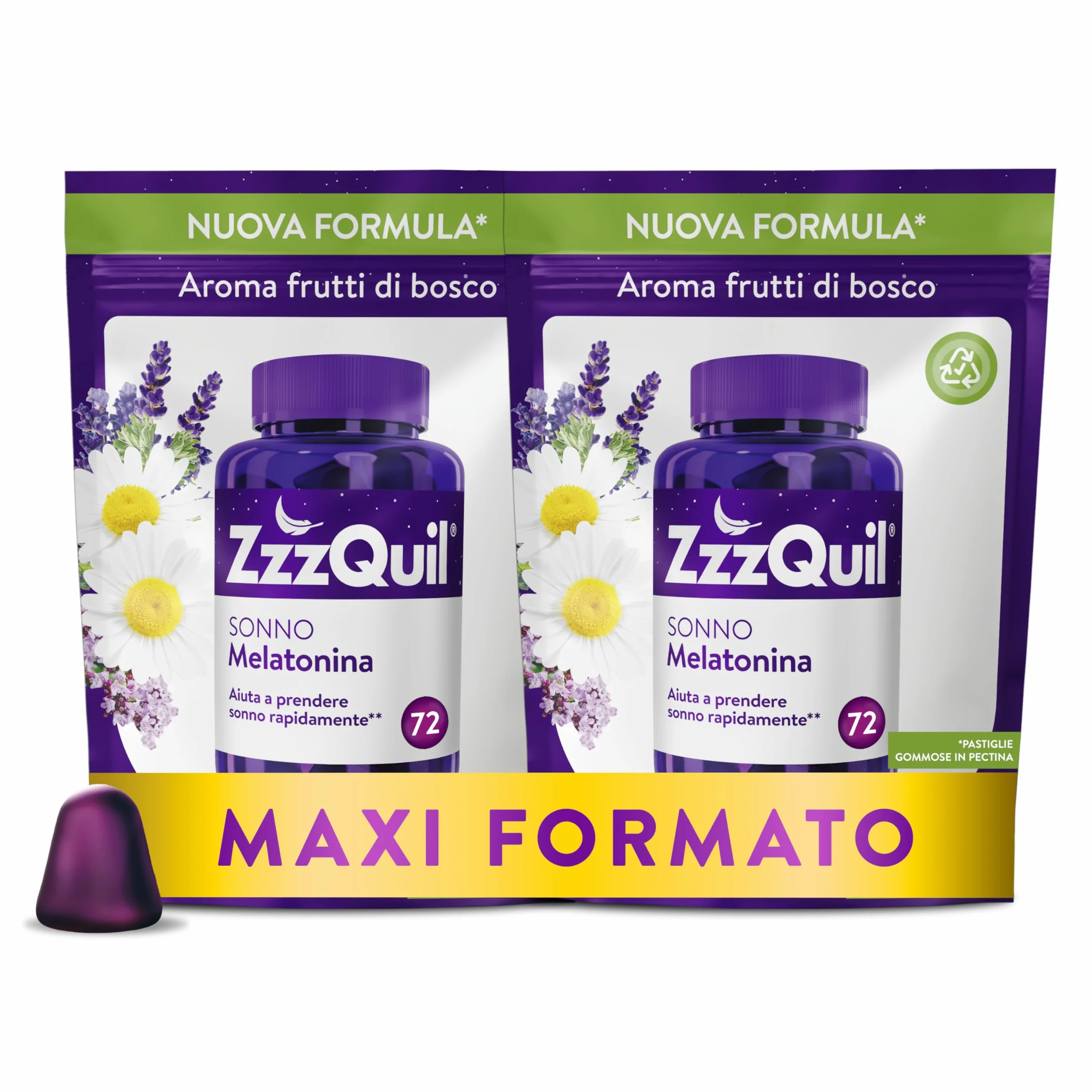ZzzQuil Sonno Melatonina pura Integratore con Valeriana Camomilla e Vitamina B6 Formula Vegana 2 x 72 Pastiglie Gommose