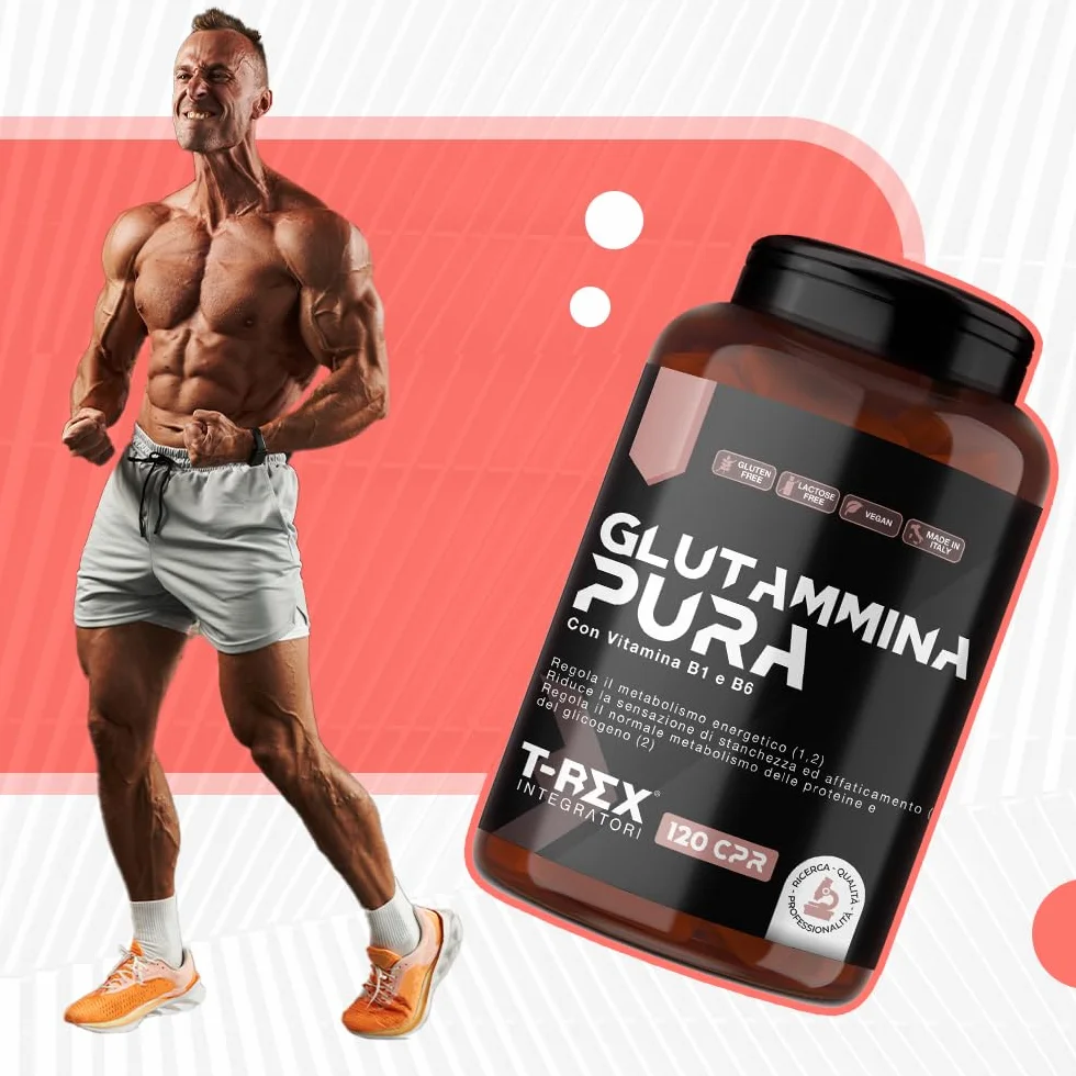 L-Glutammina Pura | Stimola aumento GH ormone della crescita | Diminuisce fatica post allenamento | Integratore di Glutamina Amminoacido Made in Italy | 120 compresse T-Rex Integratori