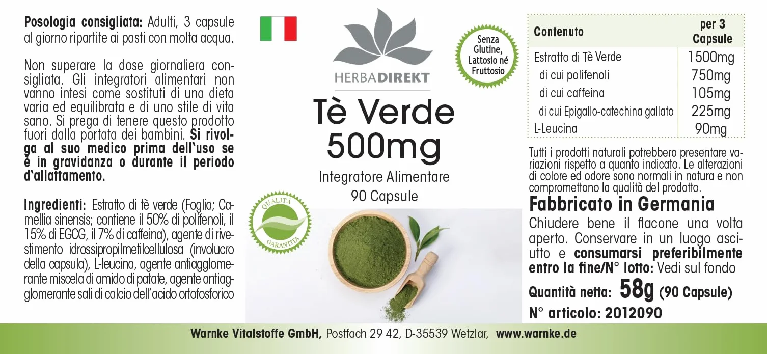 Estratto di tè verde - 90 capsule - 1500mg per dose giornaliera - EGCG - Camellia sinensis - min. 50% di polifenoli - vegano | HERBADIREKT by Warnke Vitalstoffe - Qualità farmaceutica tedesca