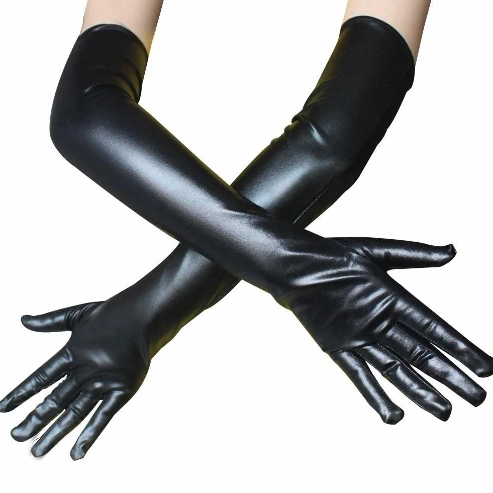 Guanti lunghi sexy in lattice da donna uomo hip jazz clubwear finti bagnati accessori metallici costumi cosplay pelle