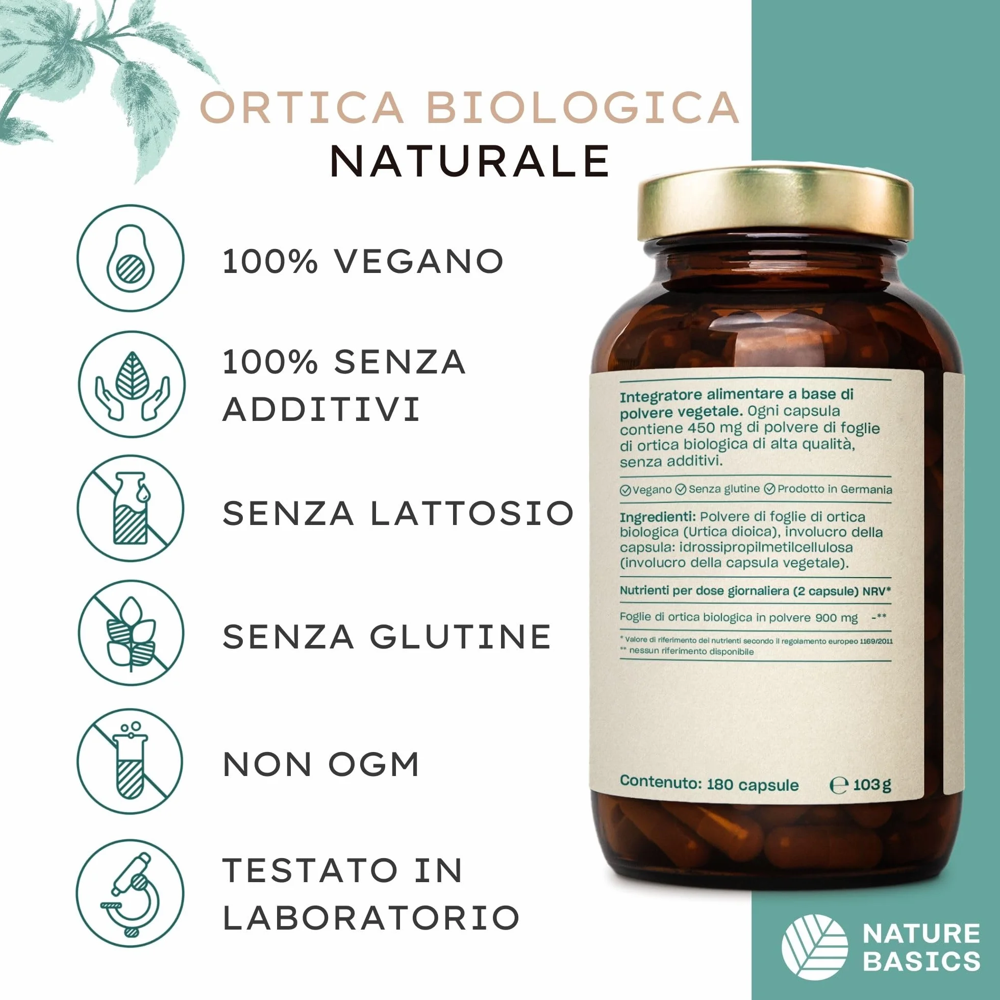 Ortica biologica 180 capsule 900 mg polvere di foglie pura vegana certificata