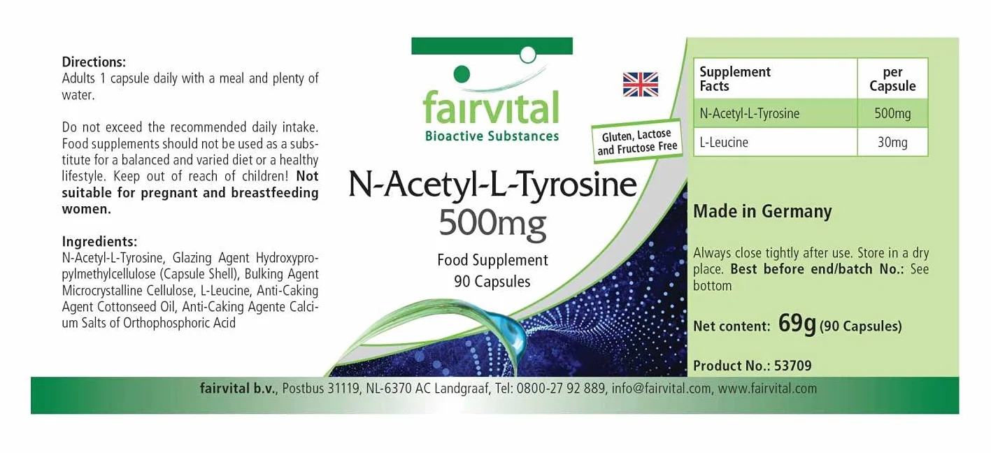 Fairvital N-acetil-L-tirosina, 90 capsule NALT, ad alto dosaggio, forma avanzata di L-tirosina