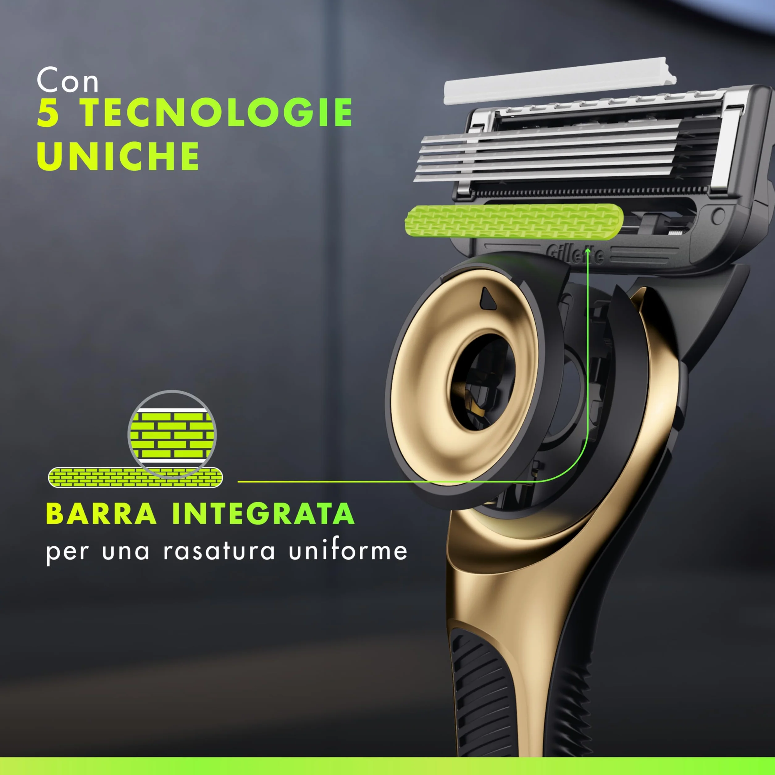 Gillette Labs con Barra Integrata, Rasoio Barba Manuale, 1 Manico, 1 Lamette Gillette di Ricambio, con Base Magnetica, Edizione dei Campioni, Oro, Rasoio Barba e Lamette di Ricambio