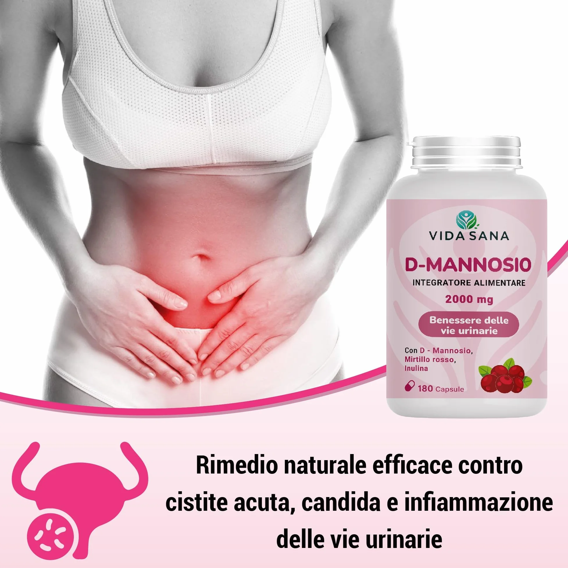 D-Mannosio Puro 2200 mg con Mirtillo Rosso 180 Capsule Integratore per Vie Urinarie e Cistite