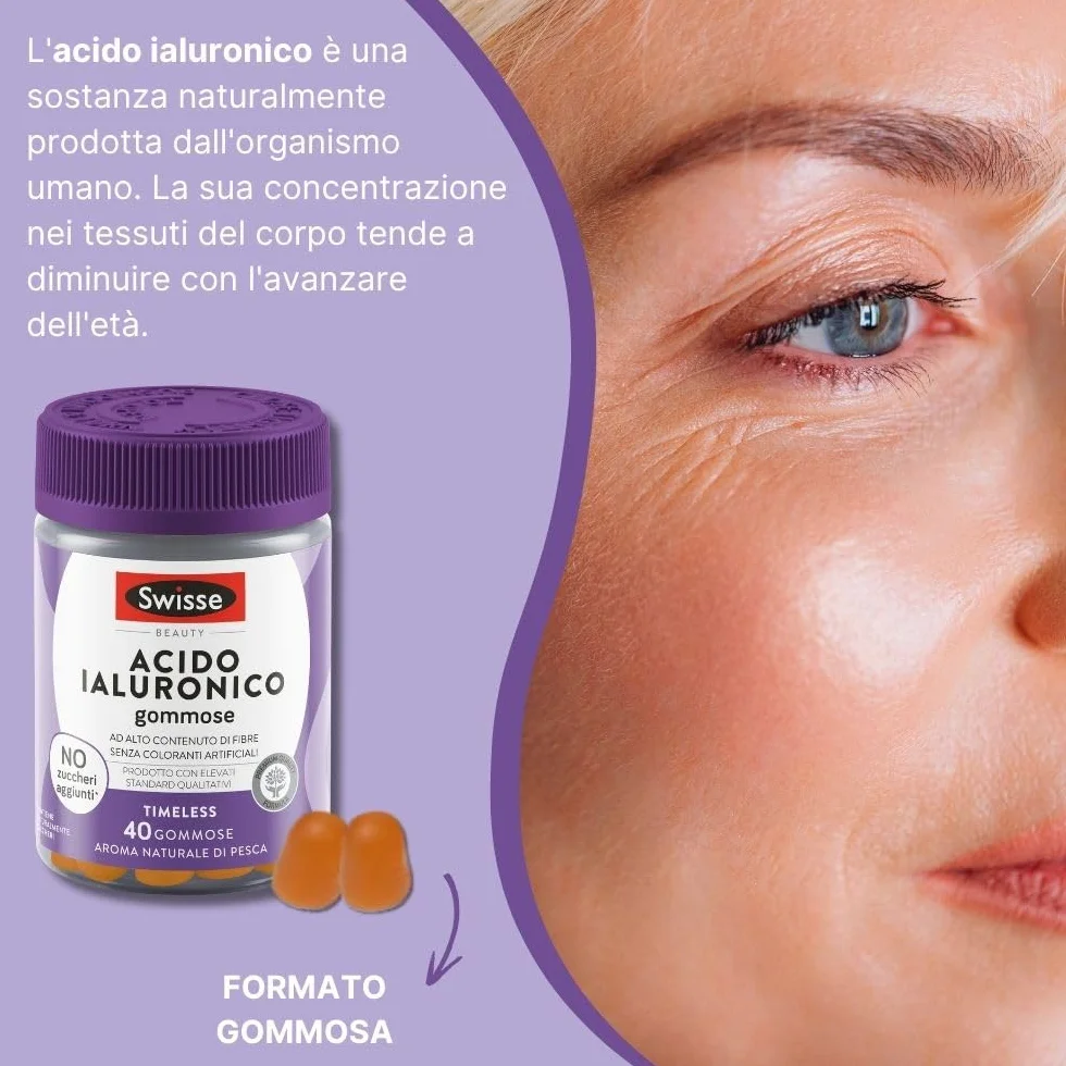 SWISSE Beauty Acido Ialuronico Gummies Integratore Donna e Uomo 40 Pastiglie Gusto Pesca Vegano