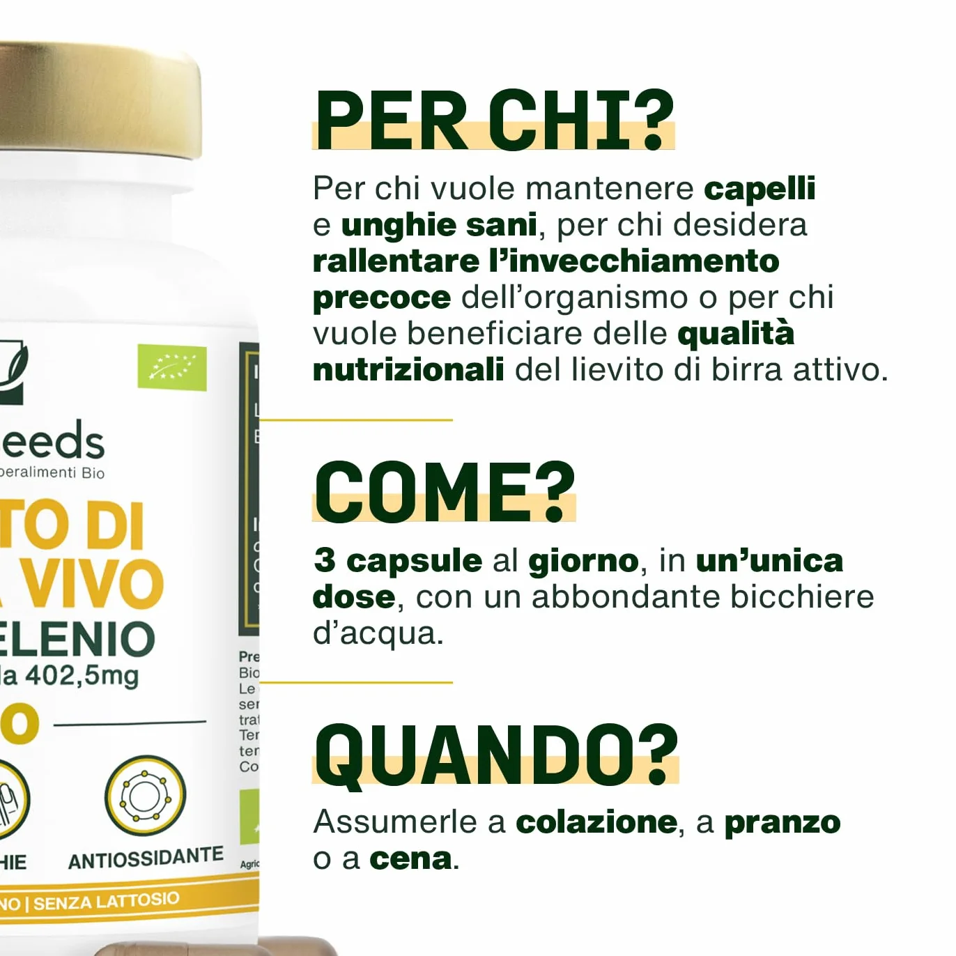 Lievito di Birra Vivo BIO 1200mg Selenio 90 capsule vegane per Capelli e Unghie