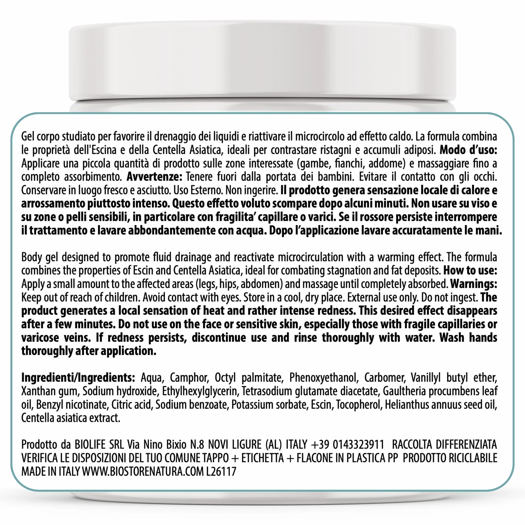 Crema Anticellulite Forte 550ml Drenante Gambe Fianchi Addome Effetto Caldo Escina Centella Asiatica Made in Italy