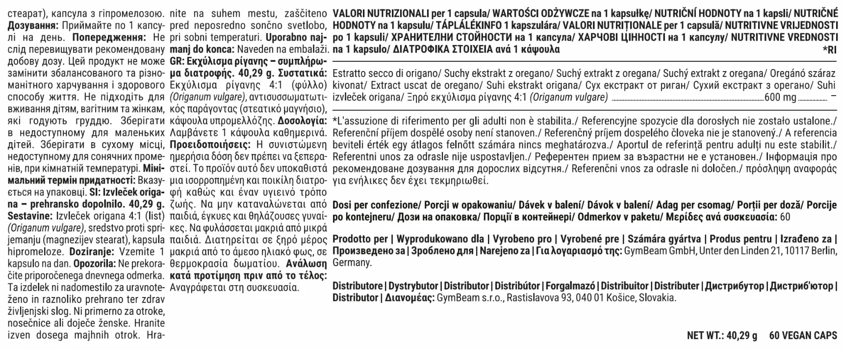 GymBeam Estratto di Origano 600 mg per Porzione Integratore Vegano Senza Glutine e Lattosio 60 cps