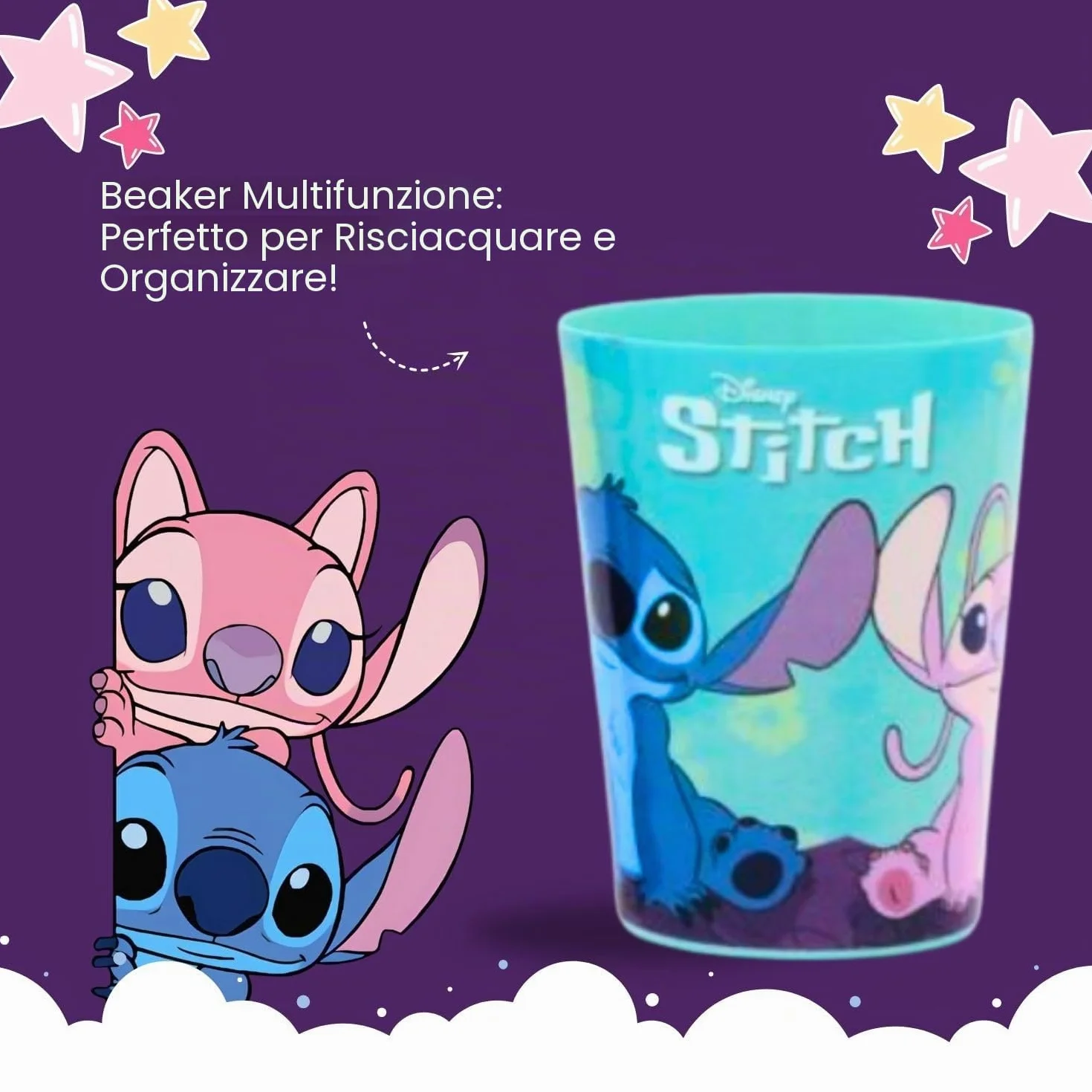 Disney Stitch - Set di spazzolini da denti per bambini, con setole morbide, ventosa e tappo protettivo, dentifricio alla menta e bicchiere multiuso, kit per l'igiene orale da viaggio per bambini dai 3