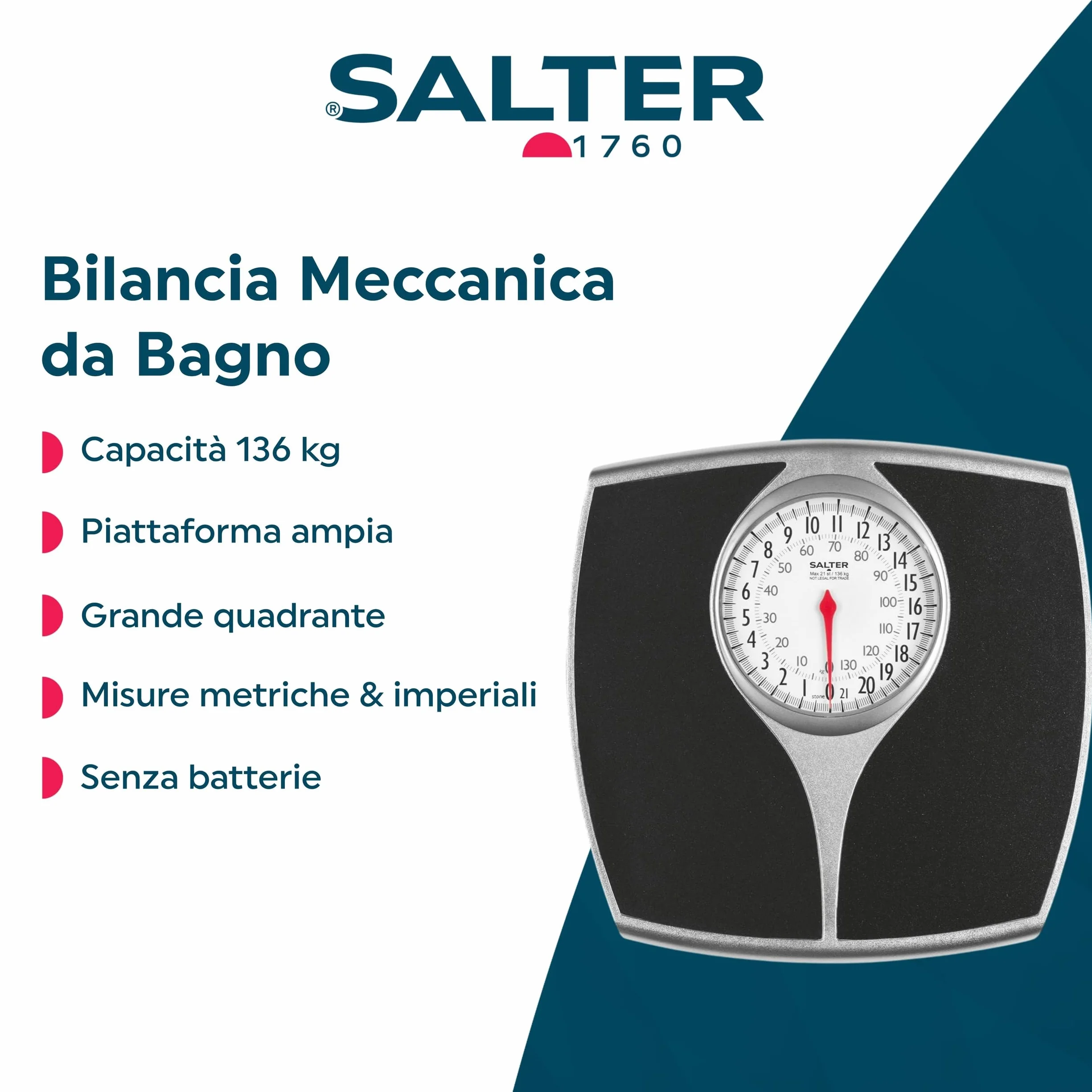 Salter 148 BKSVDR Speedo bilancia pesapersone meccanica, quadrante grande, facile lettura, spaziosa, capacità max 136 kg, no batterie, precisione, affidabilità, misure in kg o lb, nero/argento